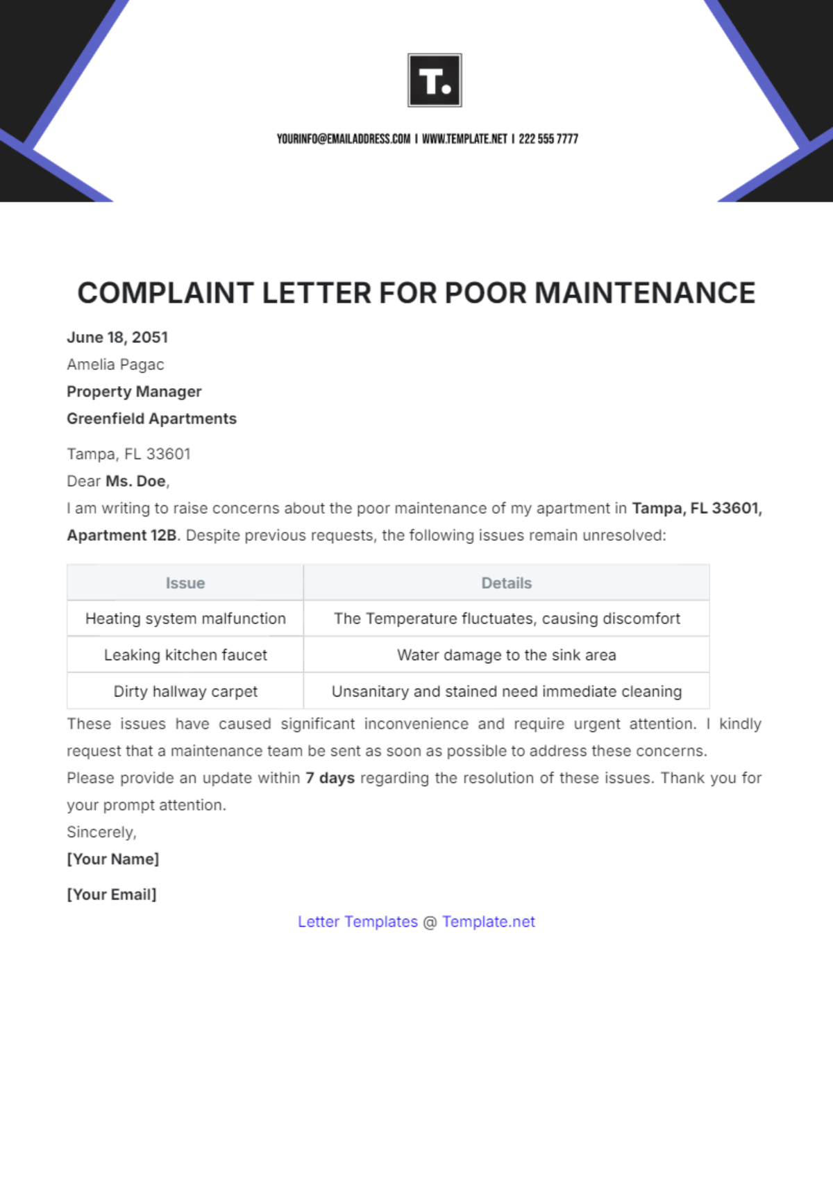 Complaint Letter for Poor Maintenance Template