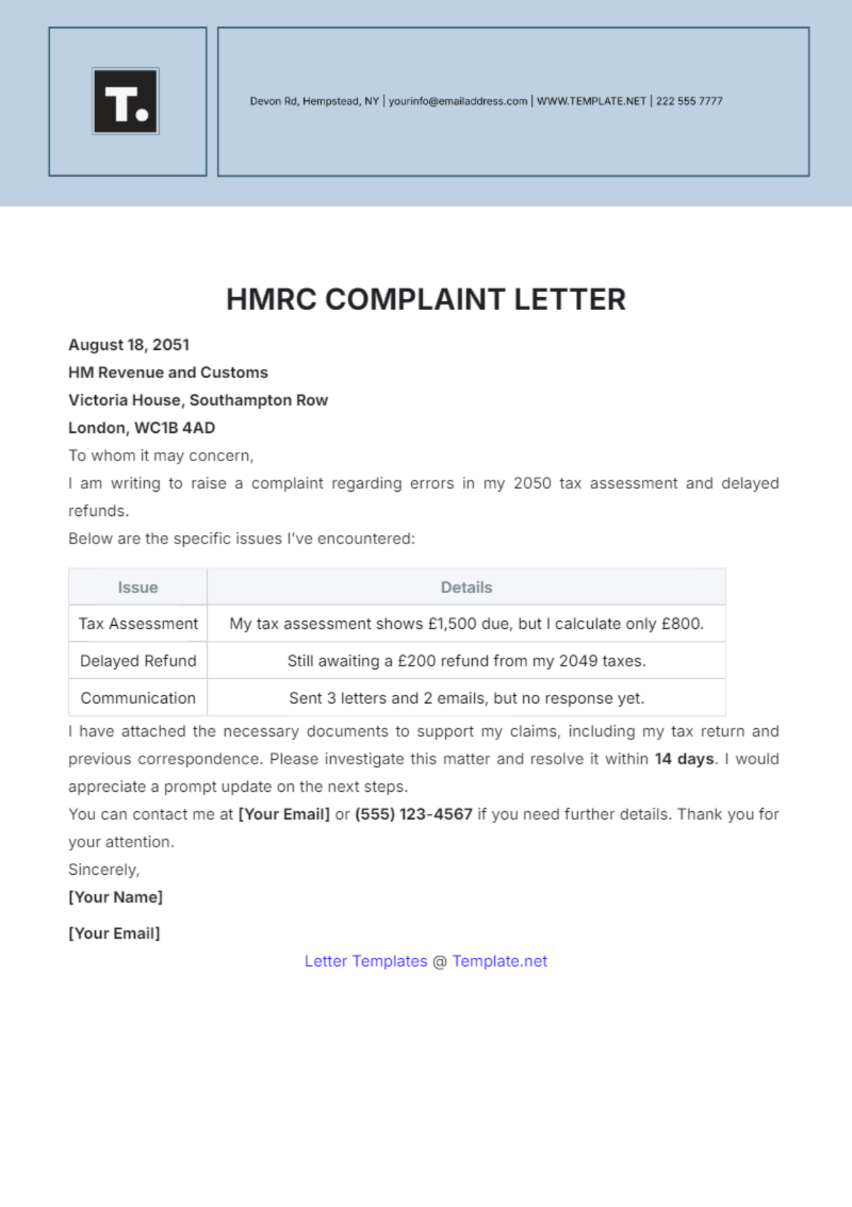 HMRC Complaint Letter Template - Edit Online & Download