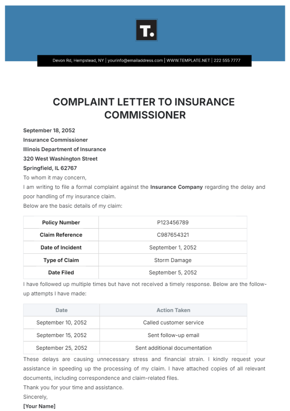 Complaint Letter Template to Insurance Commissioner - Edit Online & Download