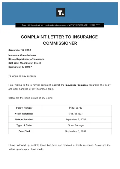 Free Complaint Letter Template to Insurance Commissioner to Edit Online