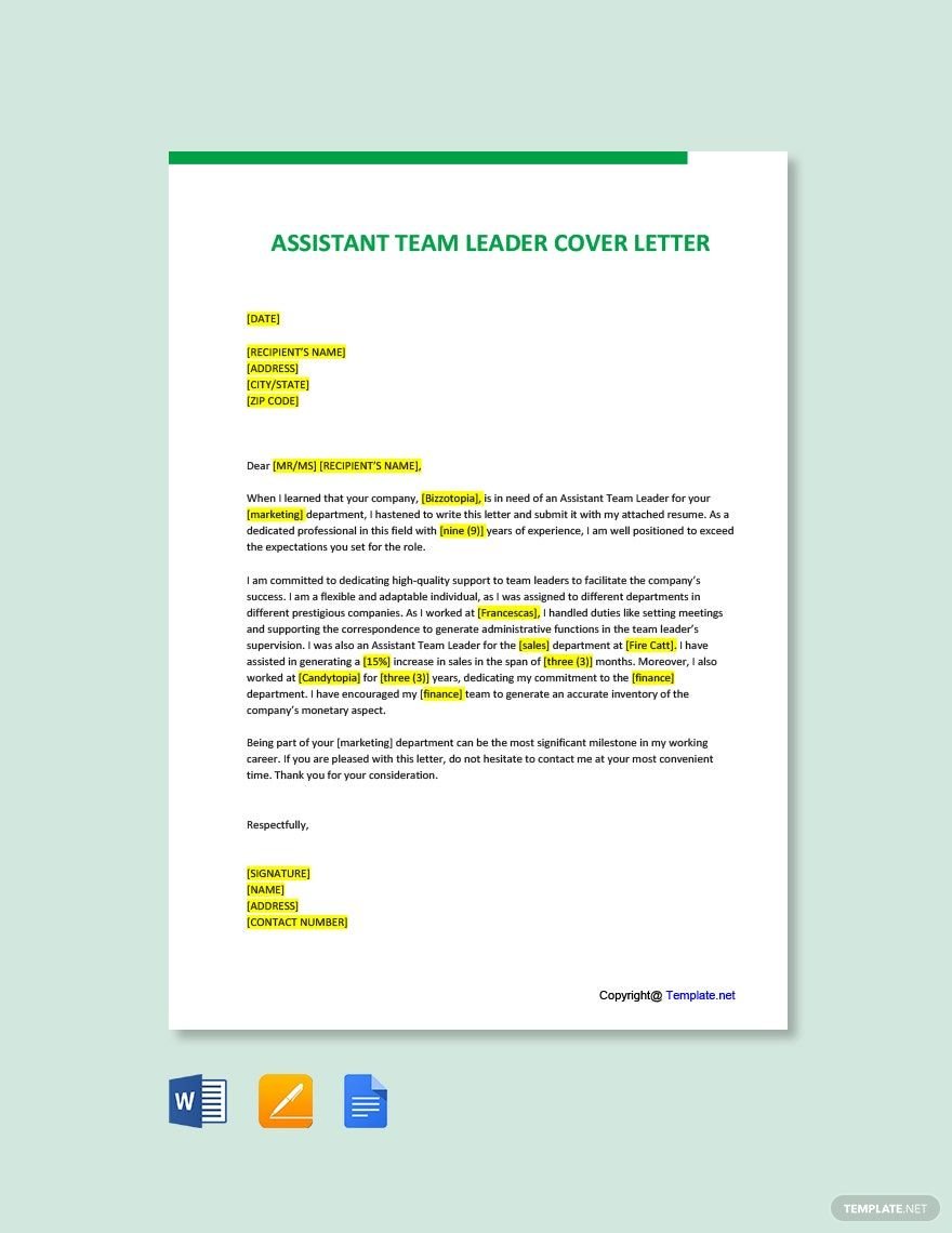 Assistant Team Leader Cover Letter