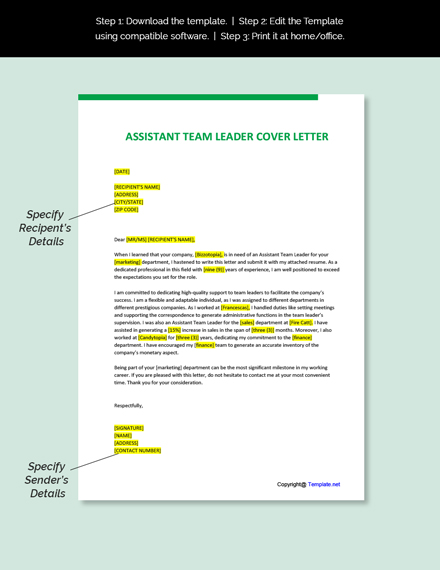 Assistant Team Leader Cover Letter Template
