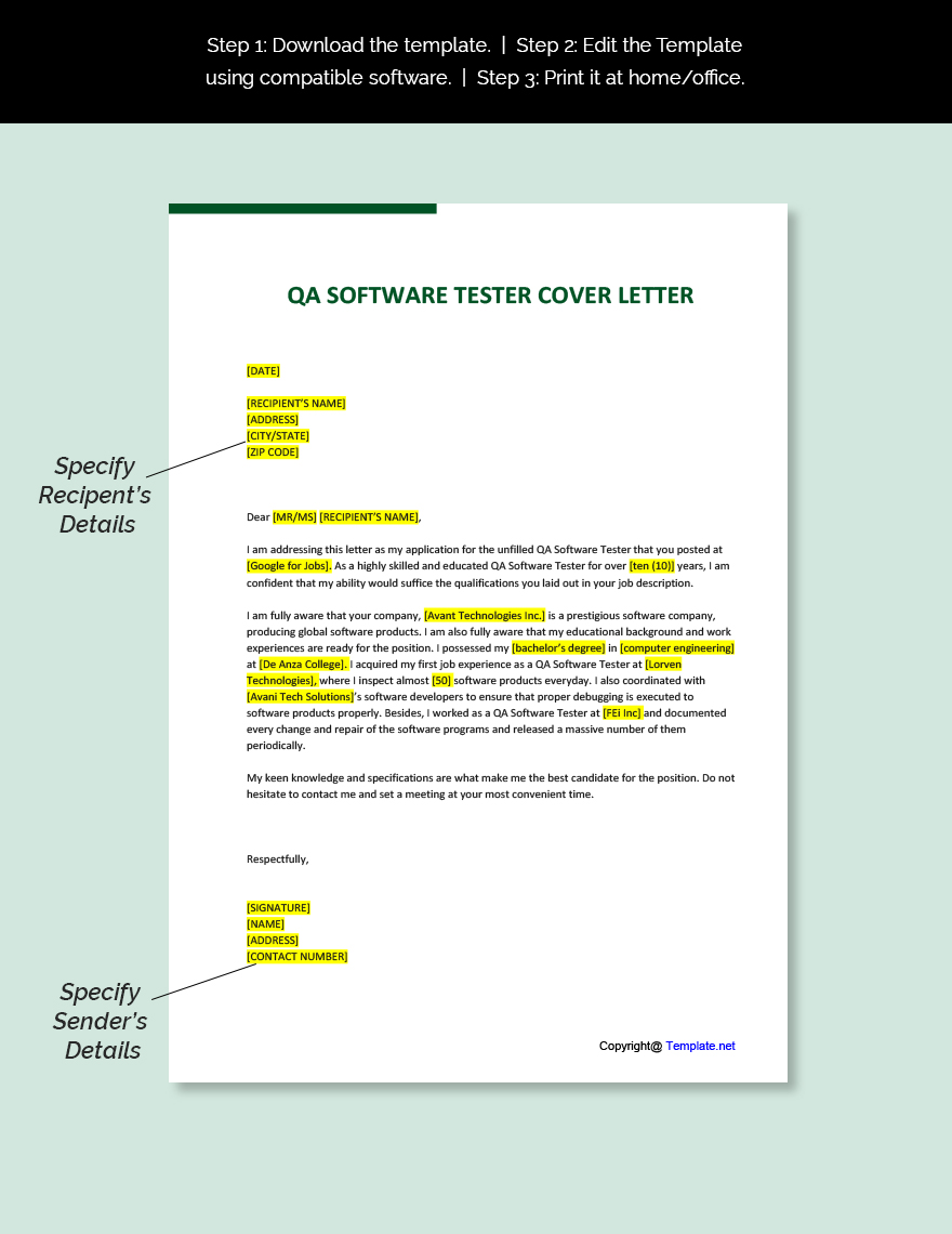 QA Software Tester Cover Letter