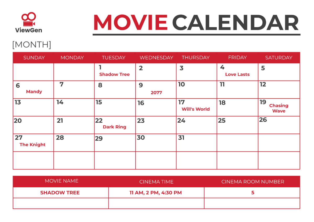 Movie Theater Calendar Template - Edit Online & Download