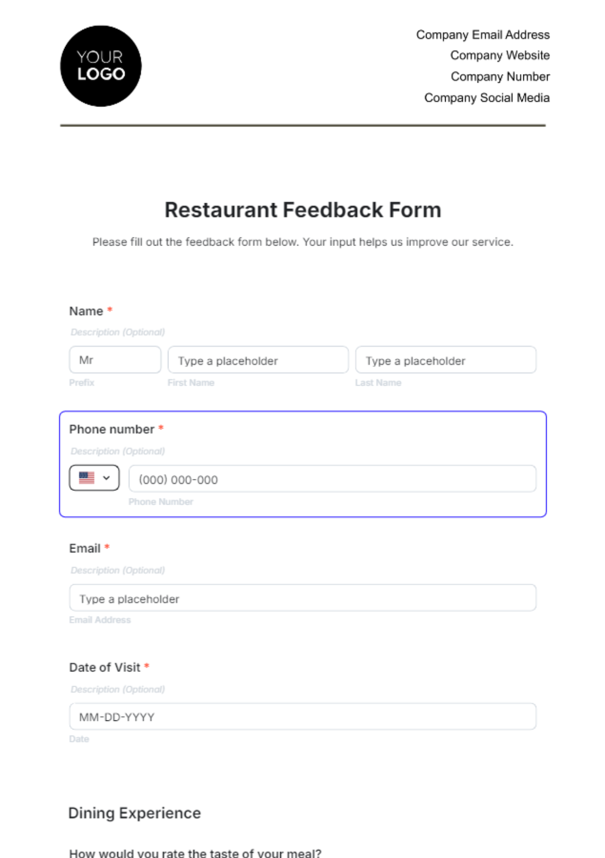 Restaurant Feedback Form Template - Edit Online & Download