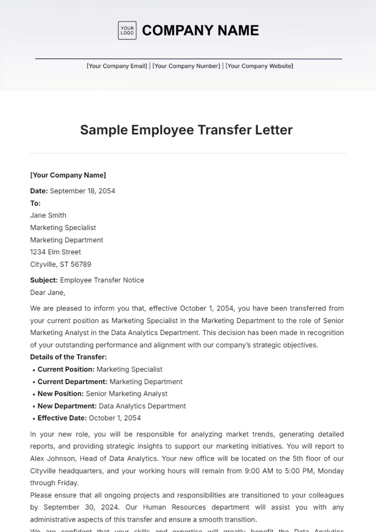 Sample Employee Transfer Letter Template - Edit Online & Download