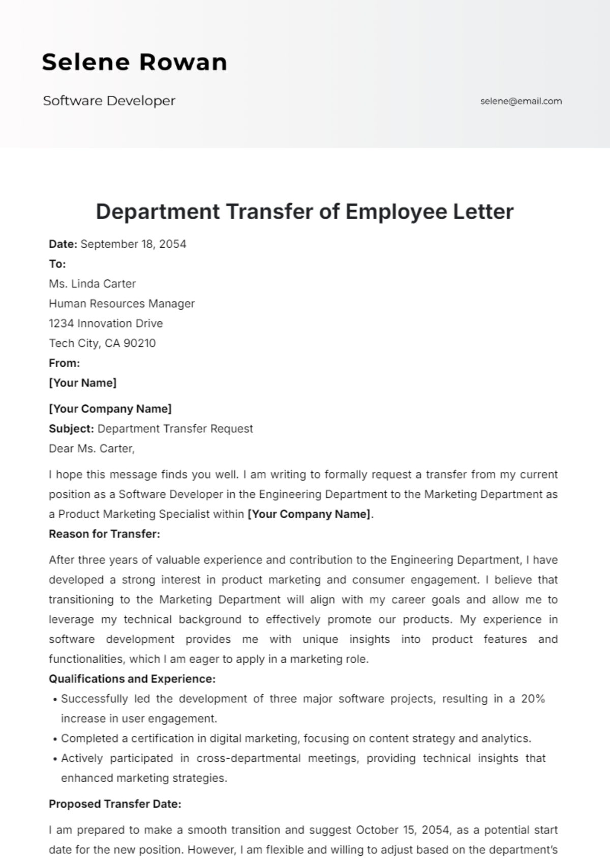 Department Transfer of Employee Letter Template - Edit Online & Download