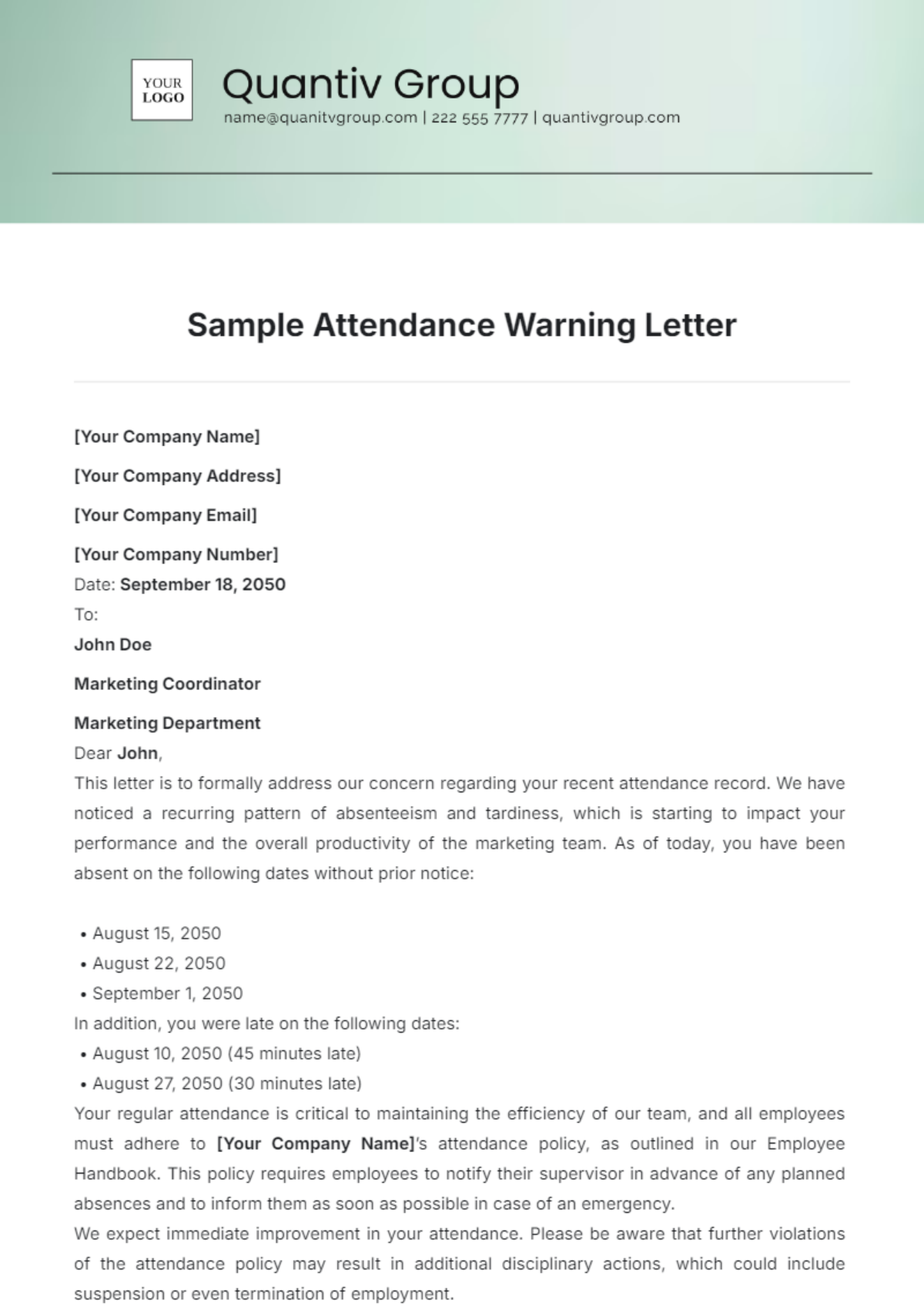 Sample Attendance Warning Letter Template - Edit Online & Download