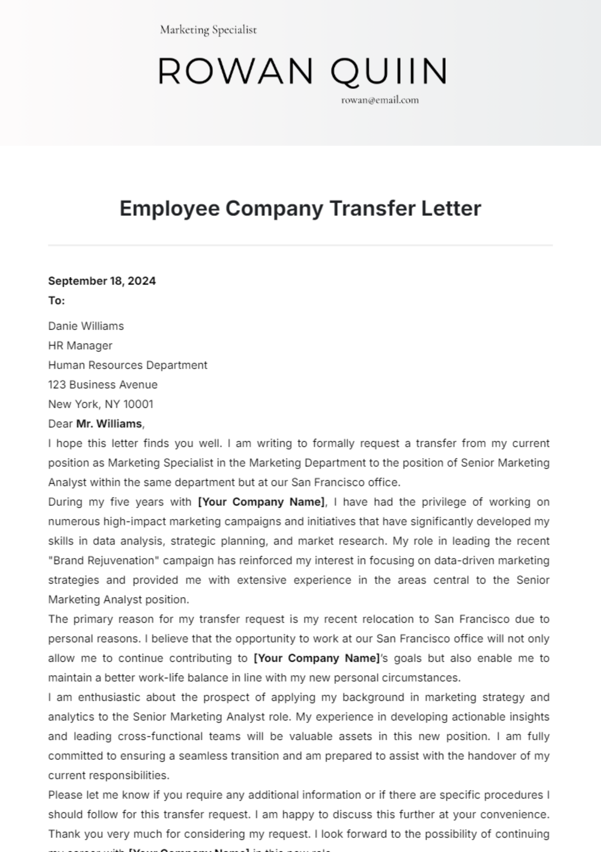 Employee Company Transfer Letter Template - Edit Online & Download