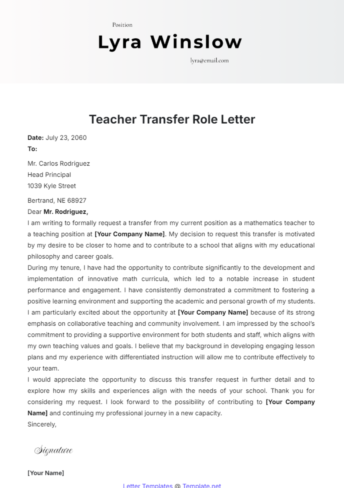 Teacher Transfer Role Letter Template - Edit Online & Download