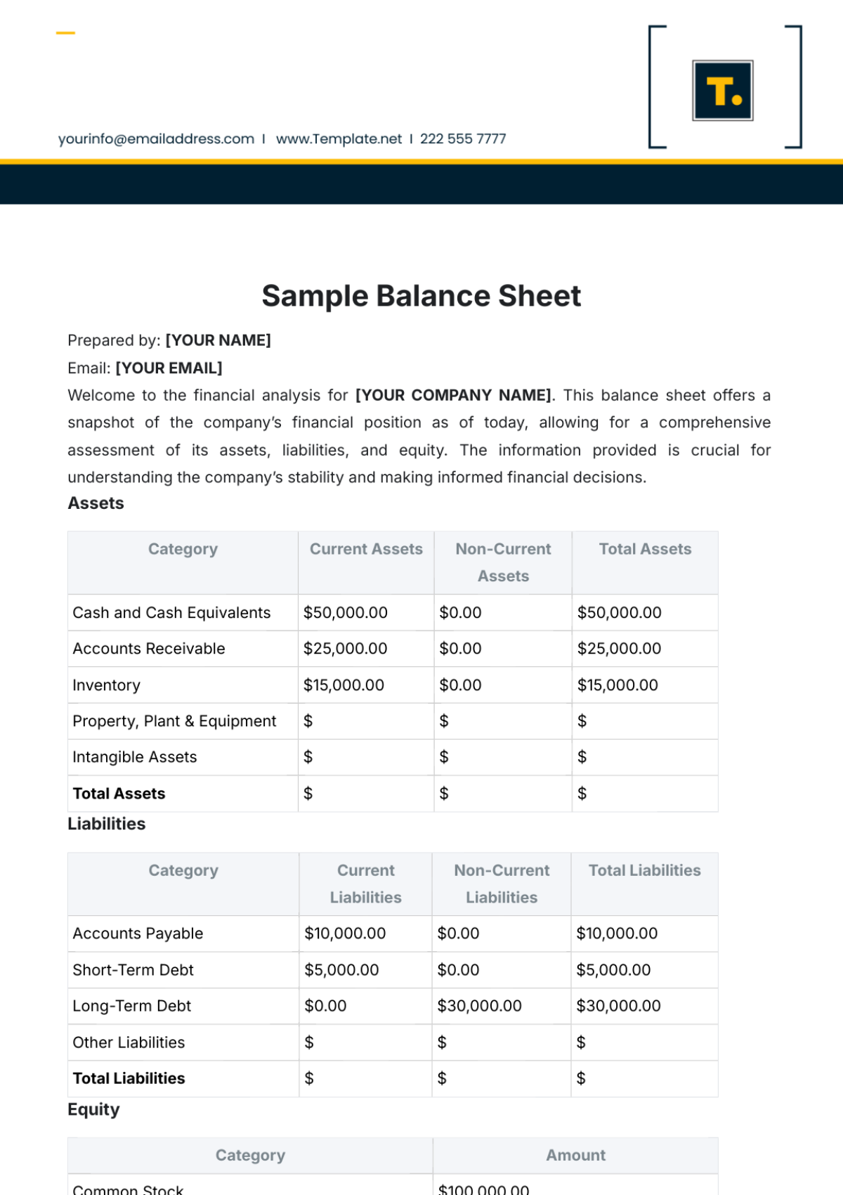 Sample Balance Sheet Template - Edit Online & Download