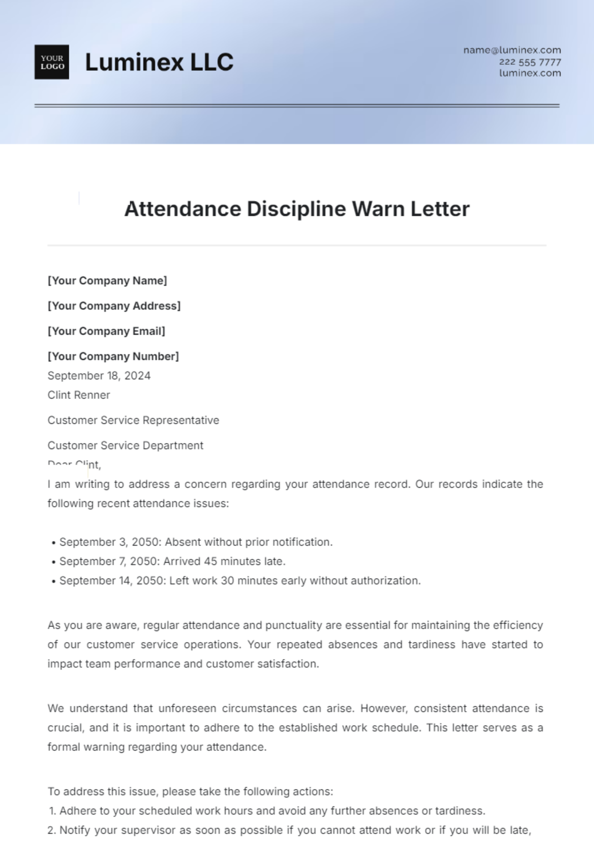 Attendance Discipline Warn Letter Template - Edit Online & Download