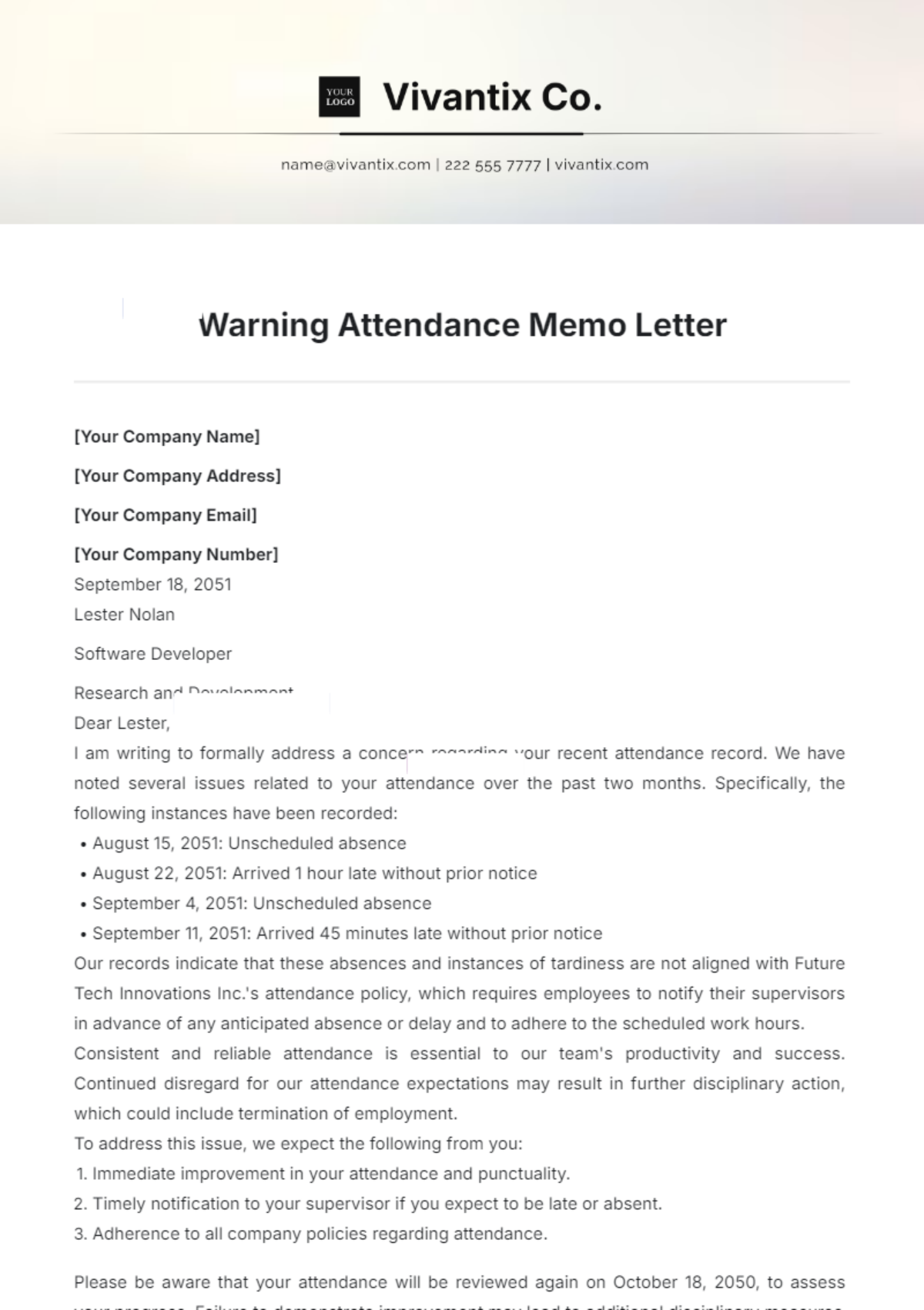 Free Warning Attendance Memo Letter Template to Edit Online