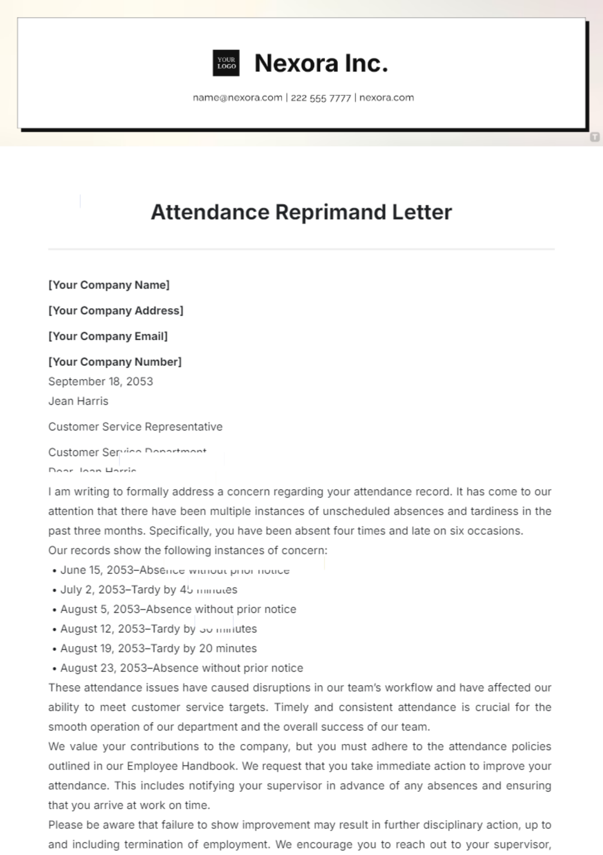 Attendance Reprimand Letter Template - Edit Online & Download