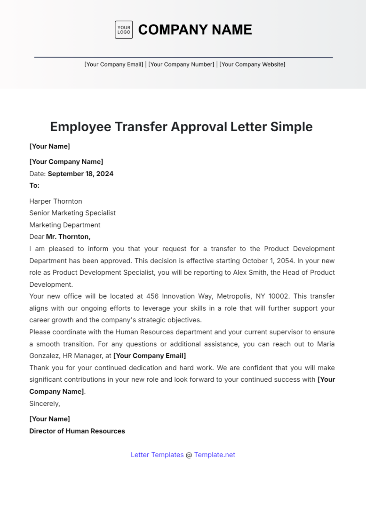 Employee Transfer Approval Letter Simple Template - Edit Online & Download