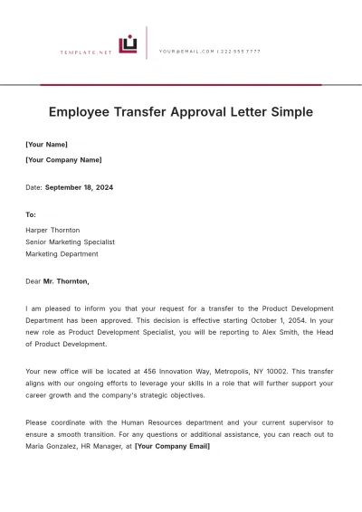 Free Employee Transfer Approval Letter Simple Template to Edit Online