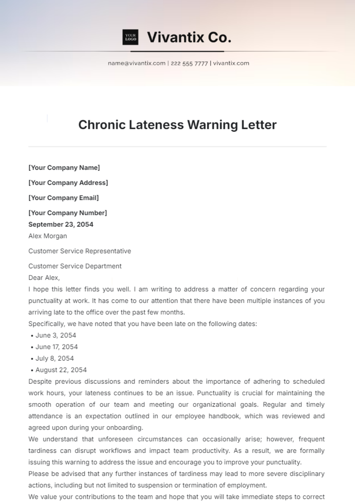 Chronic Lateness Warning Letter Template - Edit Online & Download