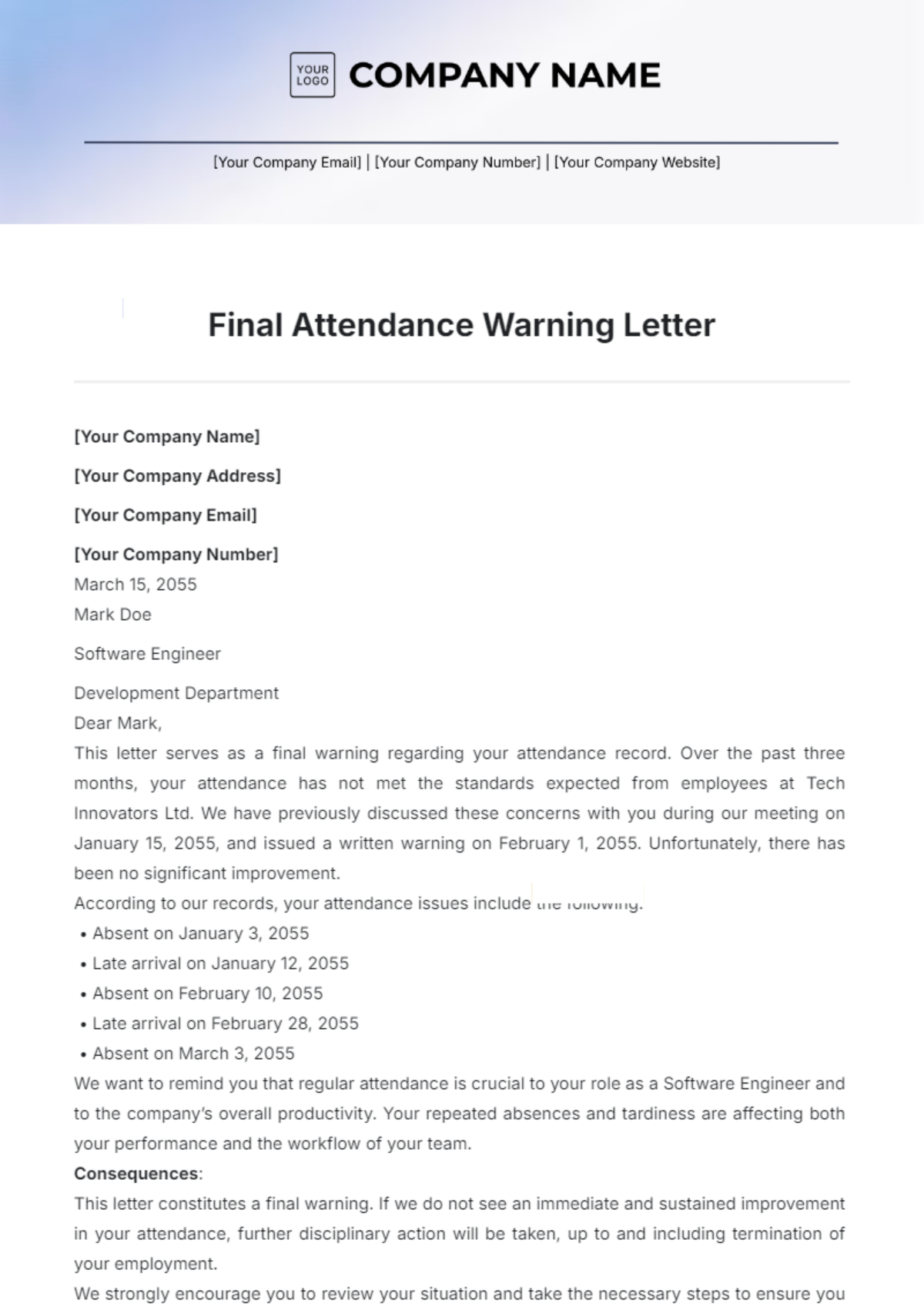 Final Attendance Warning Letter Template - Edit Online & Download