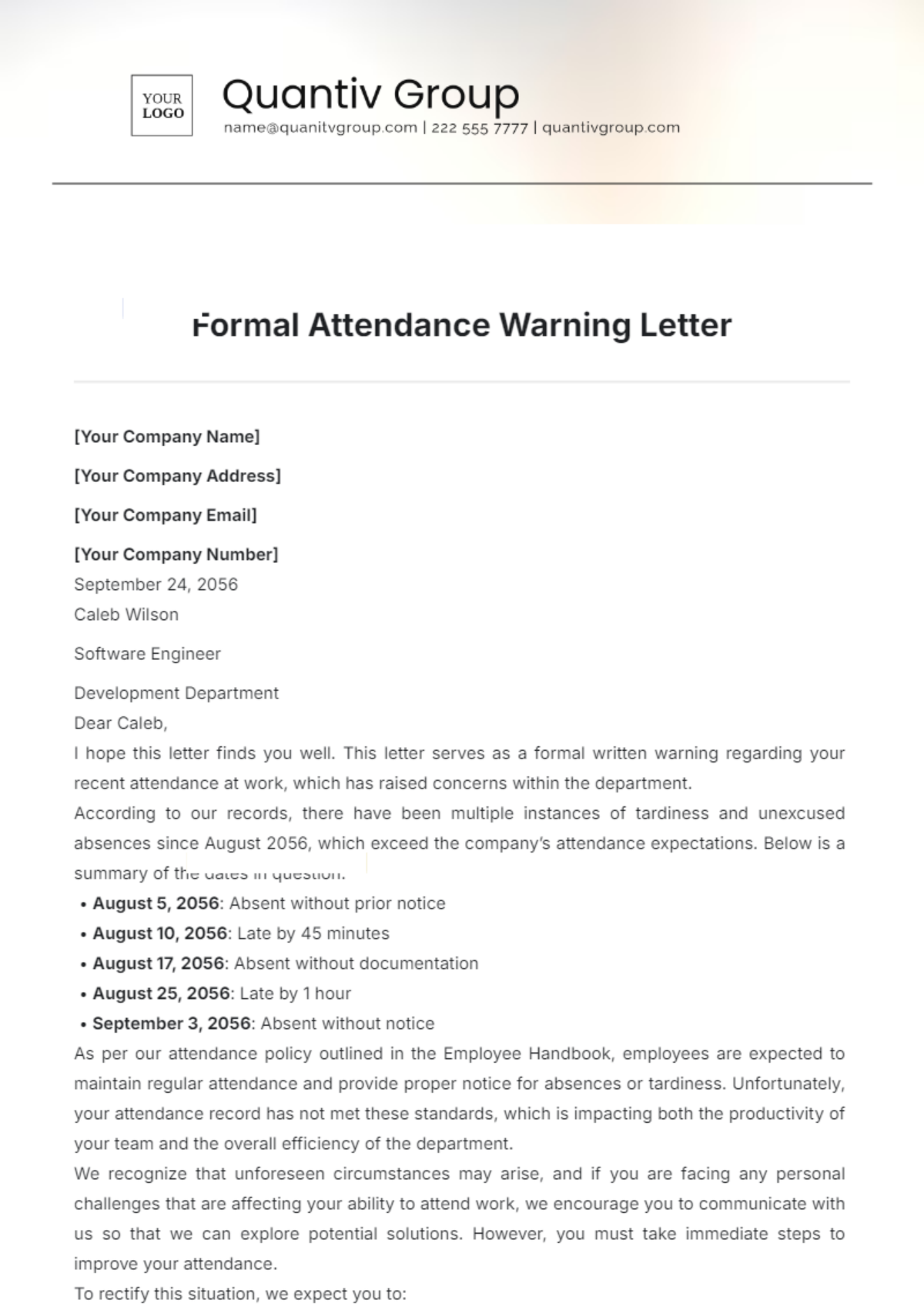 Formal Attendance Warning Letter Template - Edit Online & Download