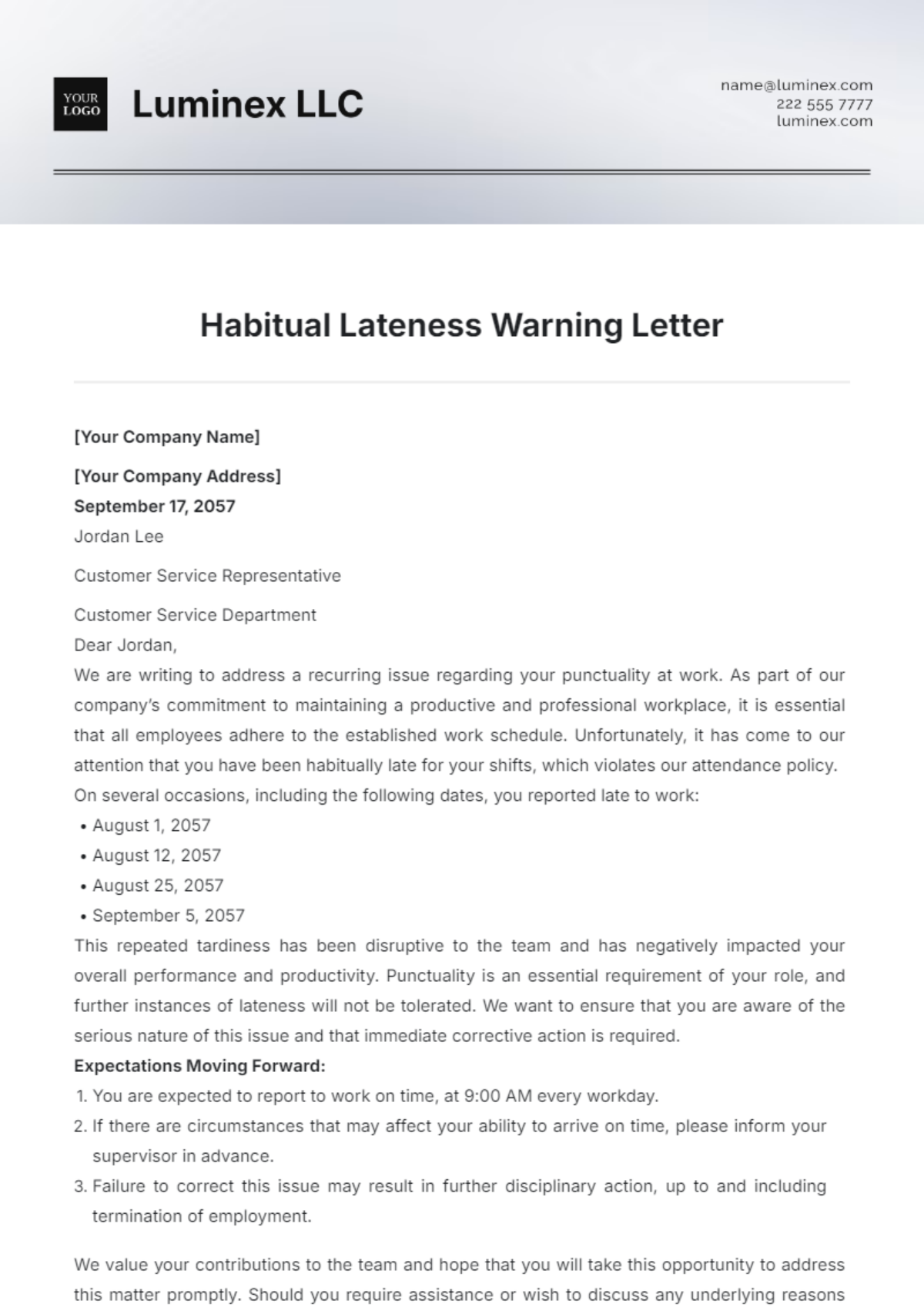 Habitual Lateness Warning Letter Template - Edit Online & Download