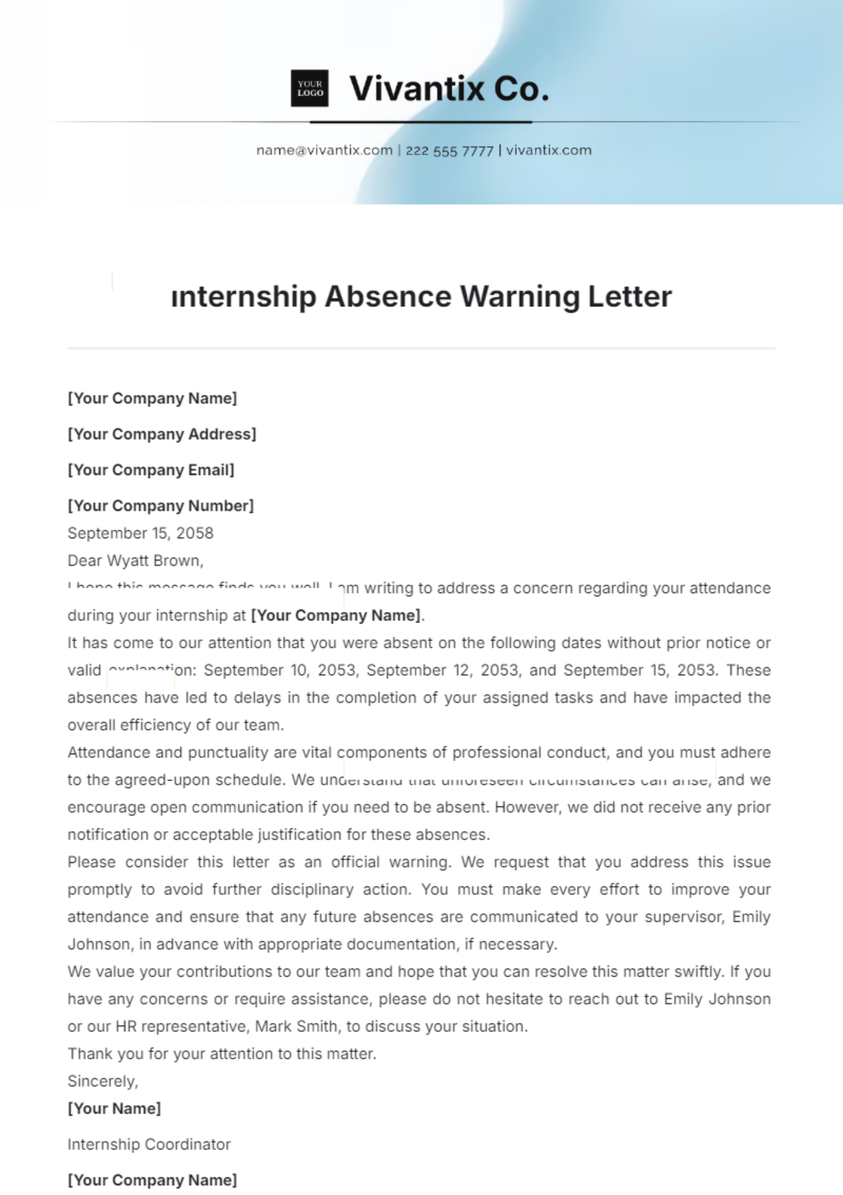 Internship Absence Warning Letter Template - Edit Online & Download