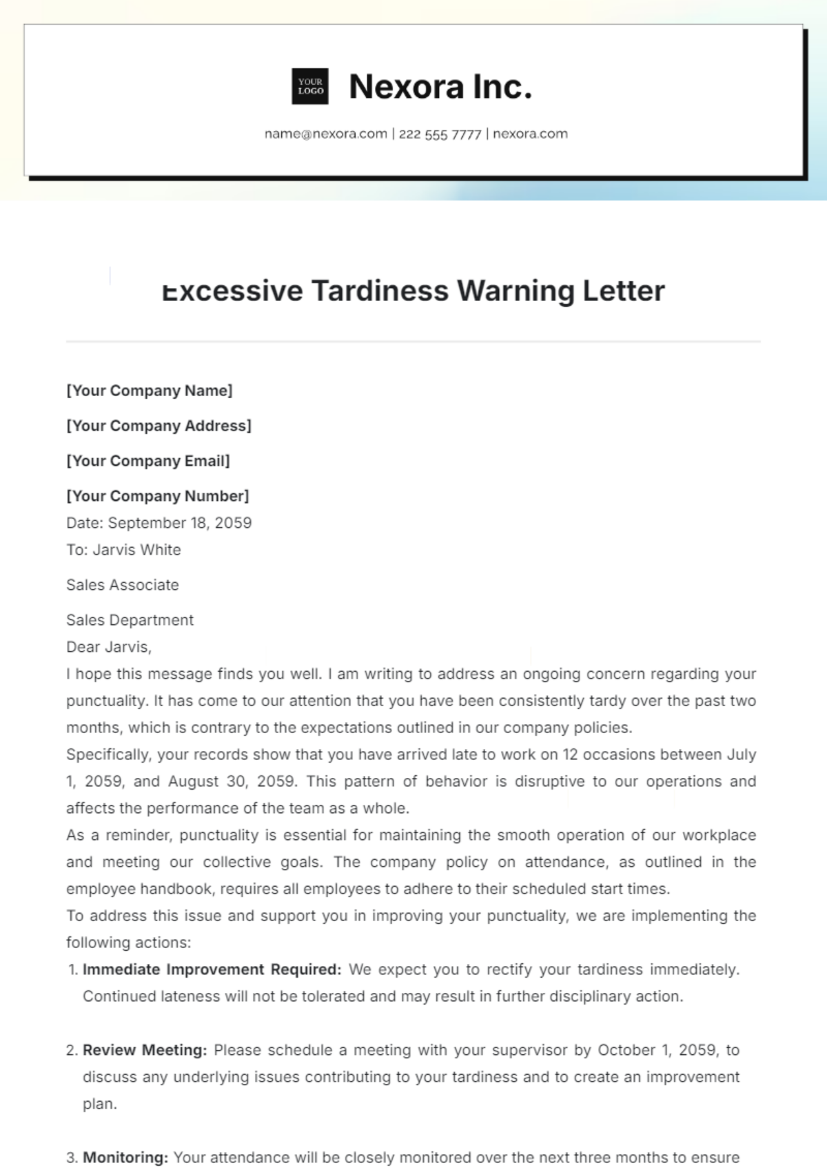 Excessive Tardiness Warning Letter Template - Edit Online & Download