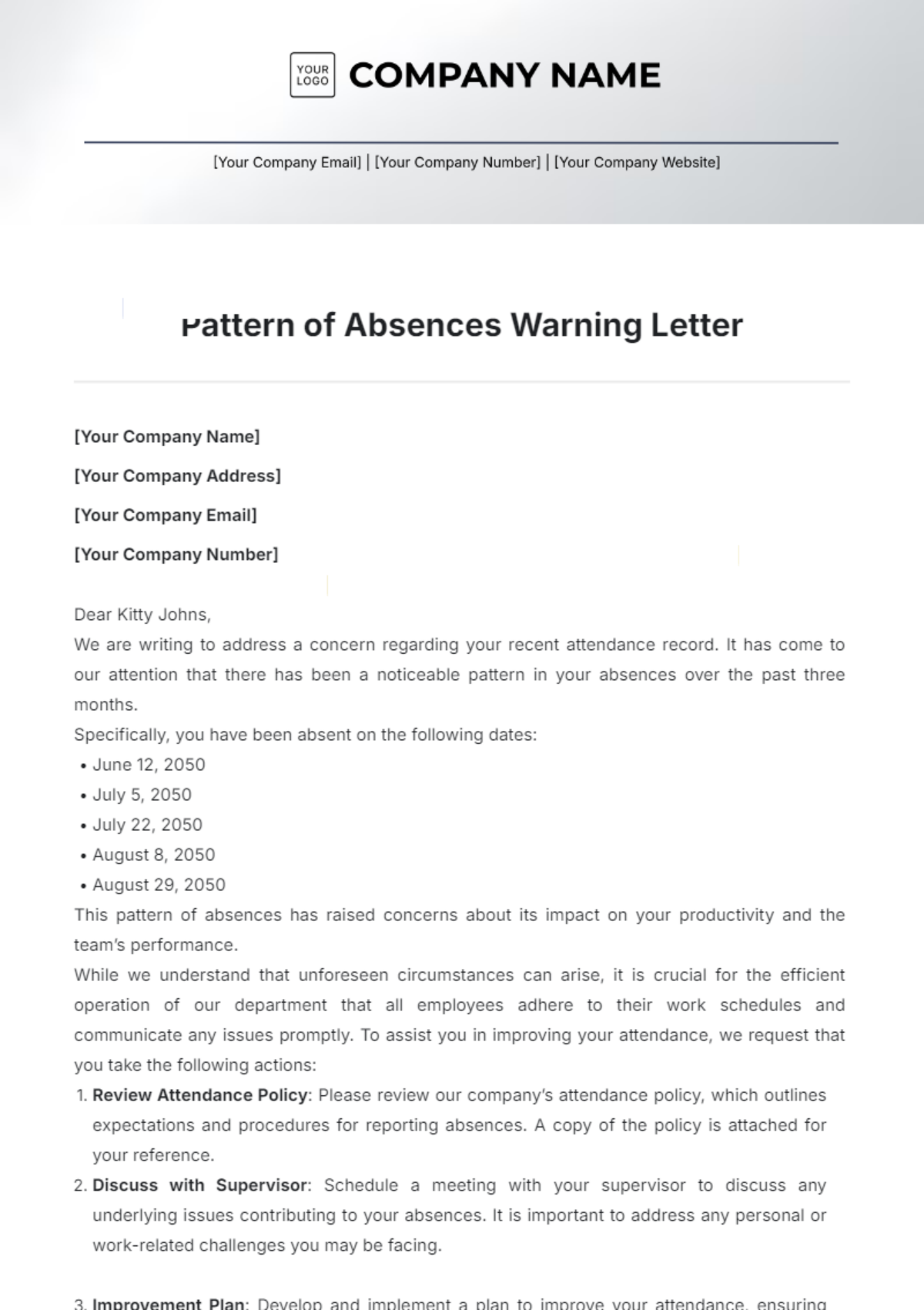 Pattern of Absences Warning Letter Template - Edit Online & Download