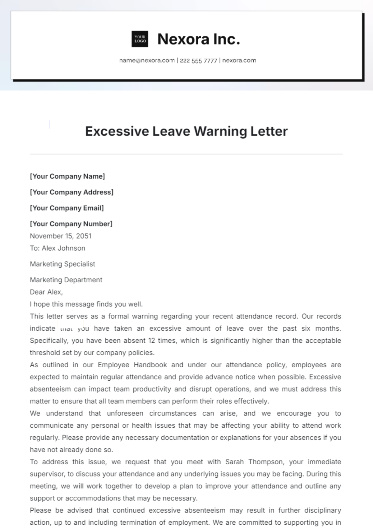 Excessive Leave Warning Letter Template - Edit Online & Download