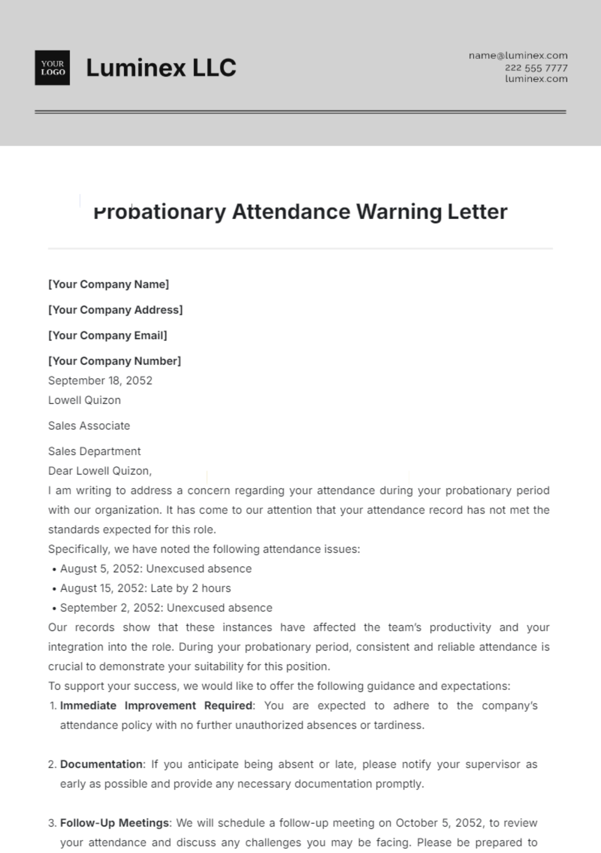 Probationary Attendance Warning Letter Template - Edit Online & Download