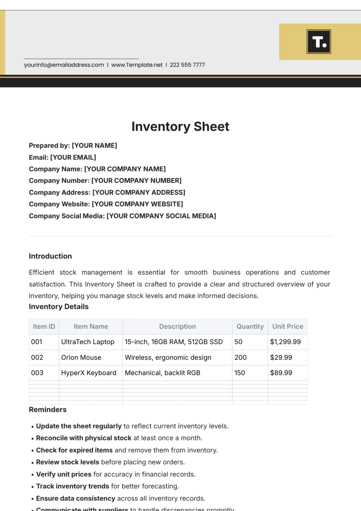 Inventory Sheet Template - Edit Online & Download