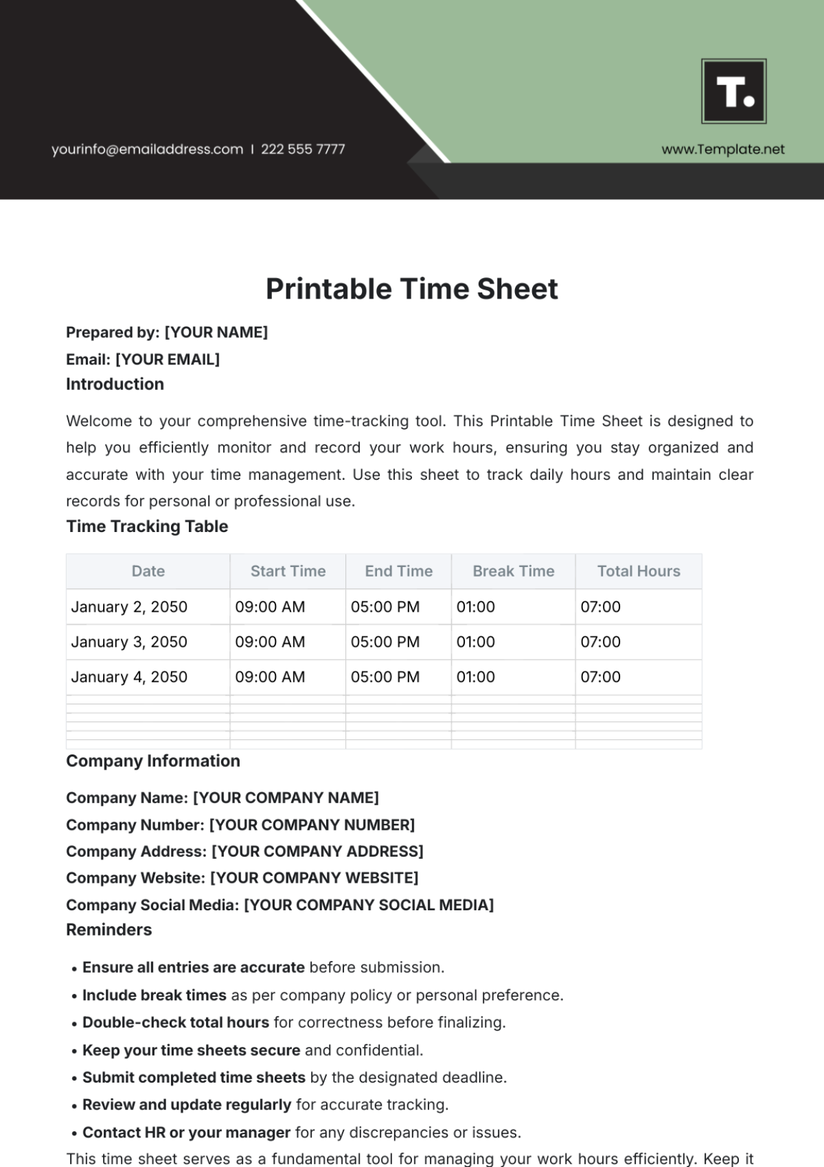 Printable Time Sheet Template - Edit Online & Download