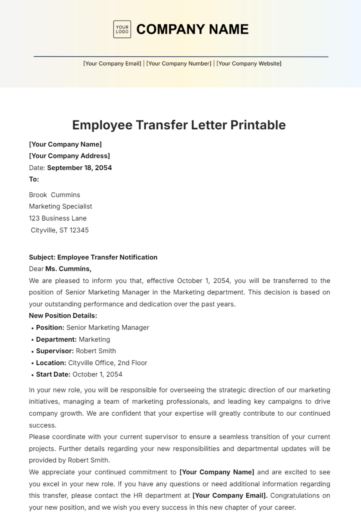 Employee Transfer Letter Printable Template - Edit Online & Download