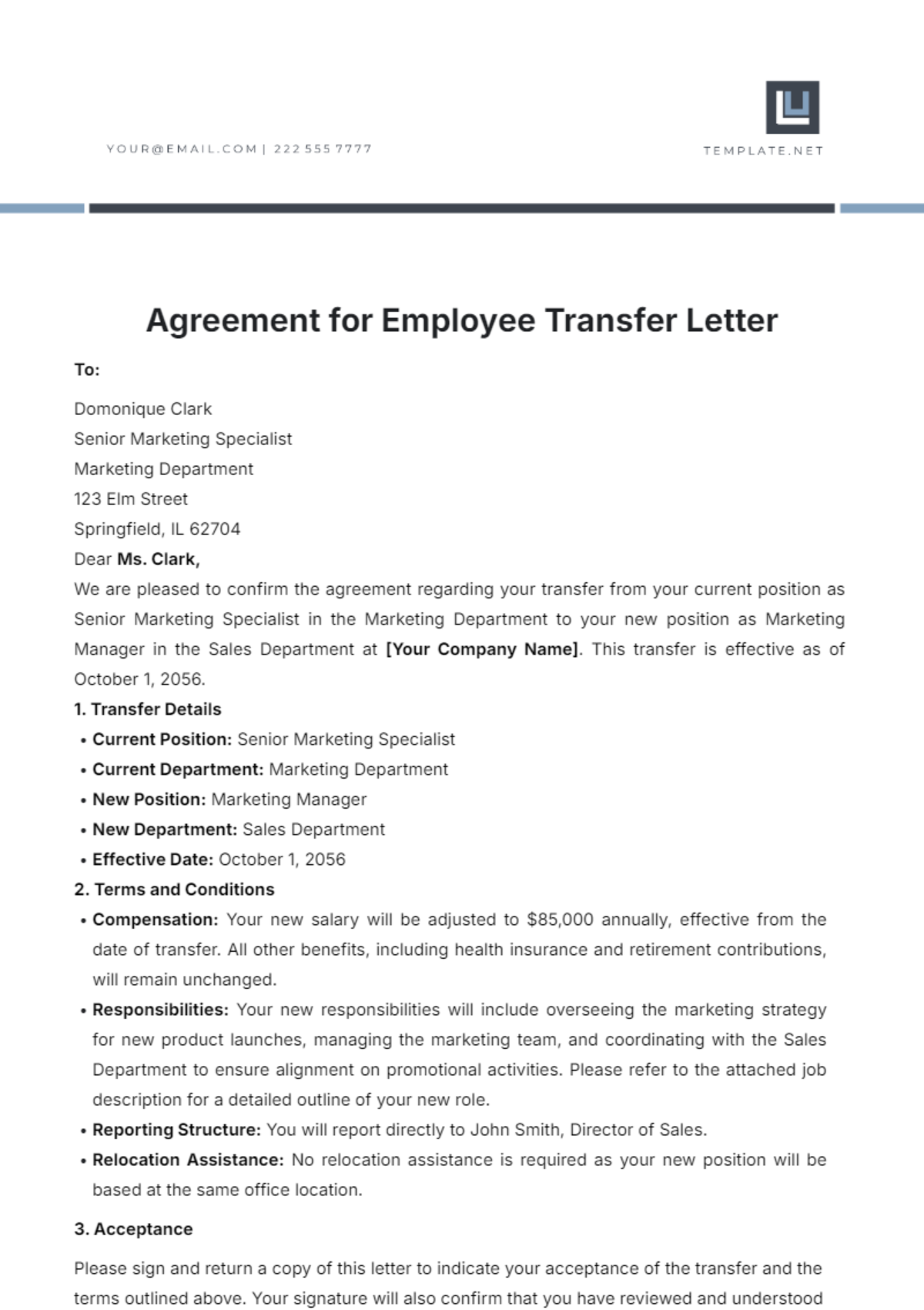 Agreement for Employee Transfer Letter Template - Edit Online & Download