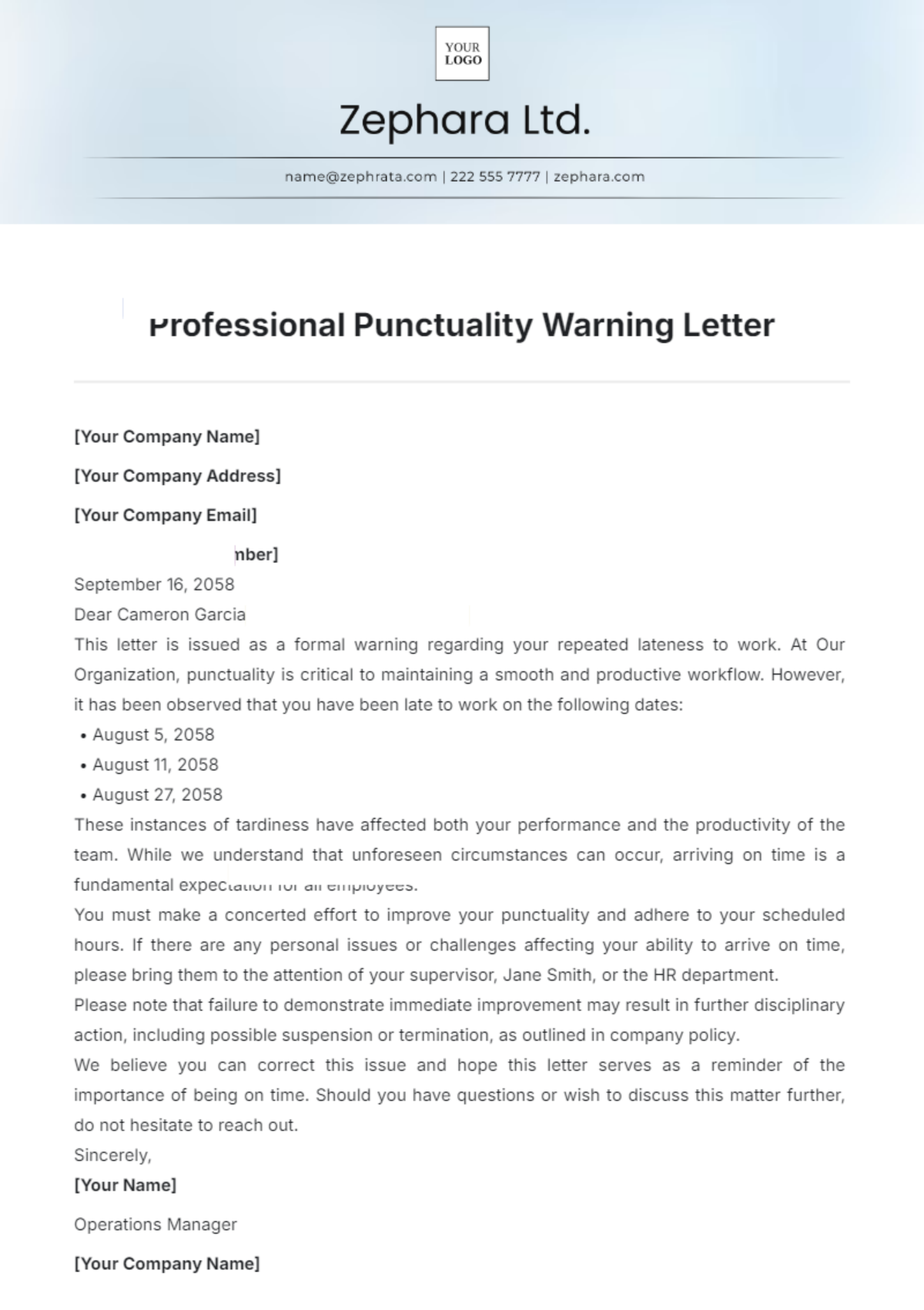 Professional Punctuality Warning Letter Template - Edit Online & Download