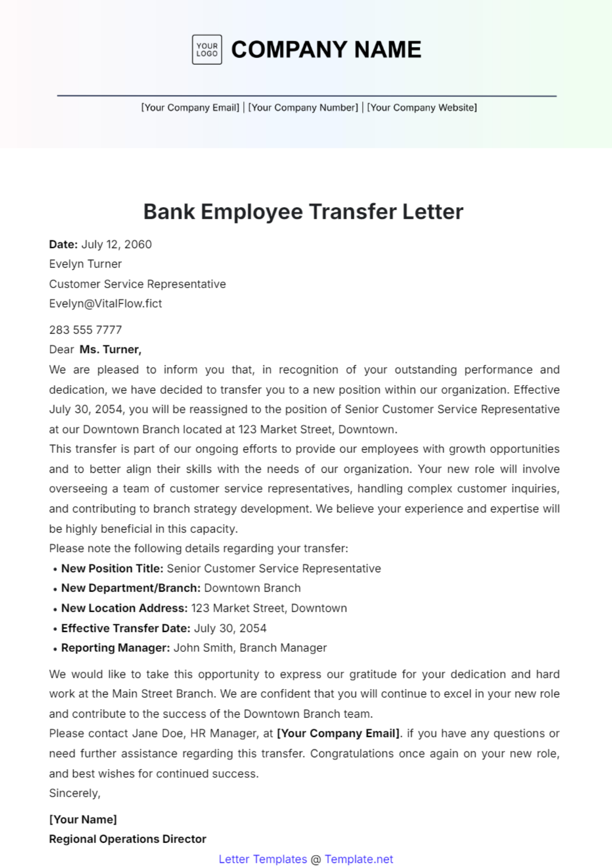 Bank Employee Transfer Letter Template - Edit Online & Download