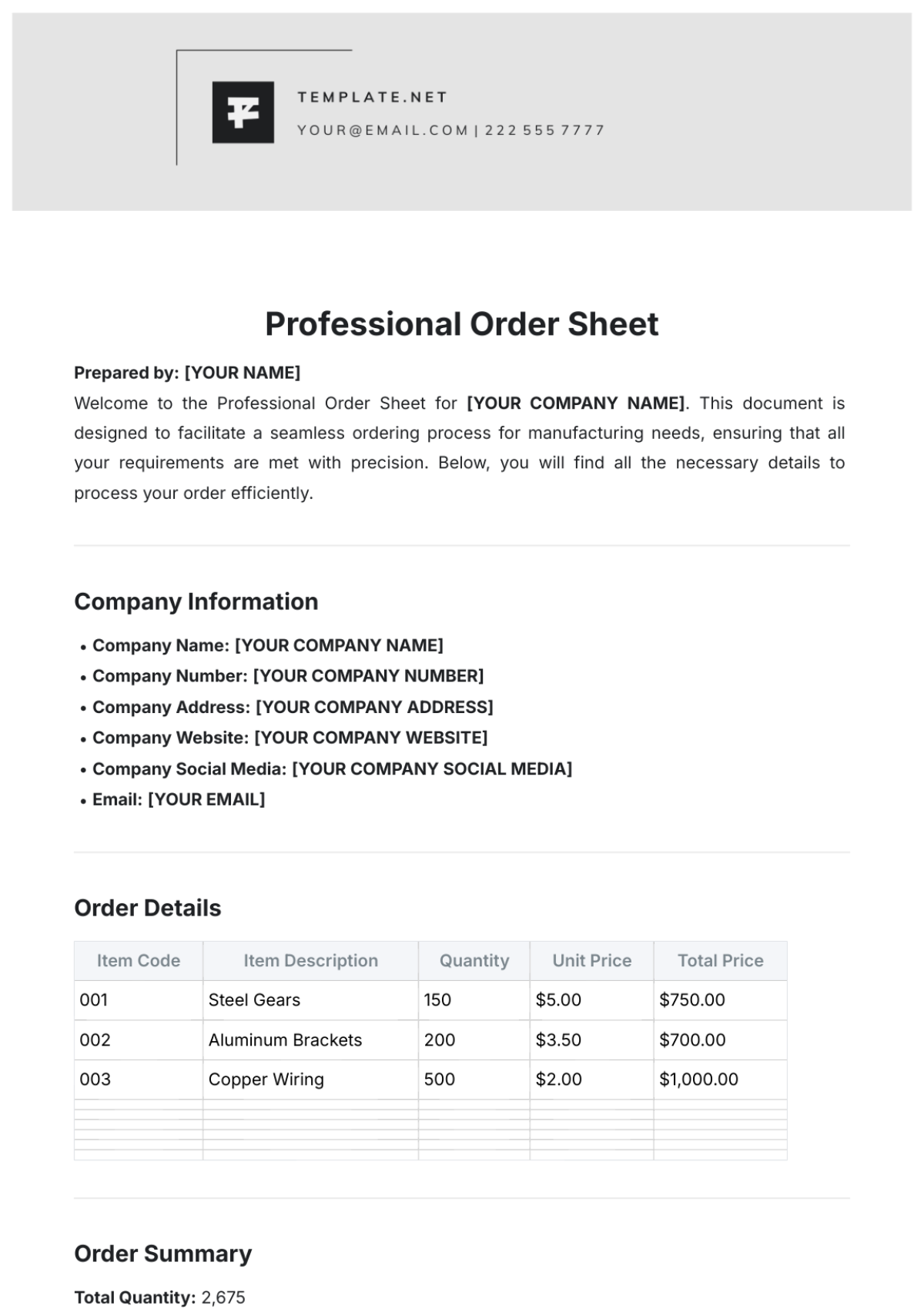 Professional Order Sheet Template - Edit Online & Download