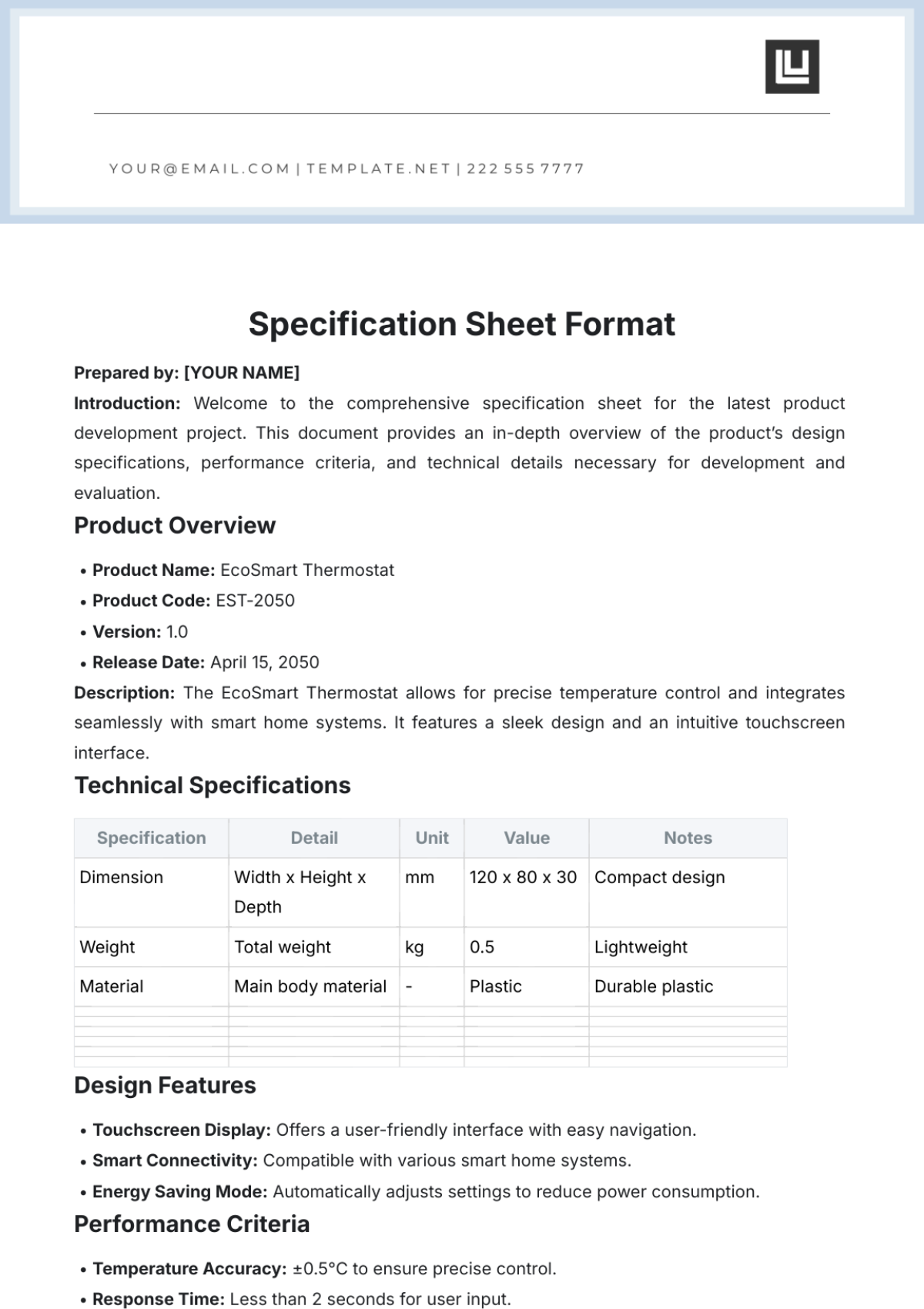 Specification Sheet Format Template - Edit Online & Download