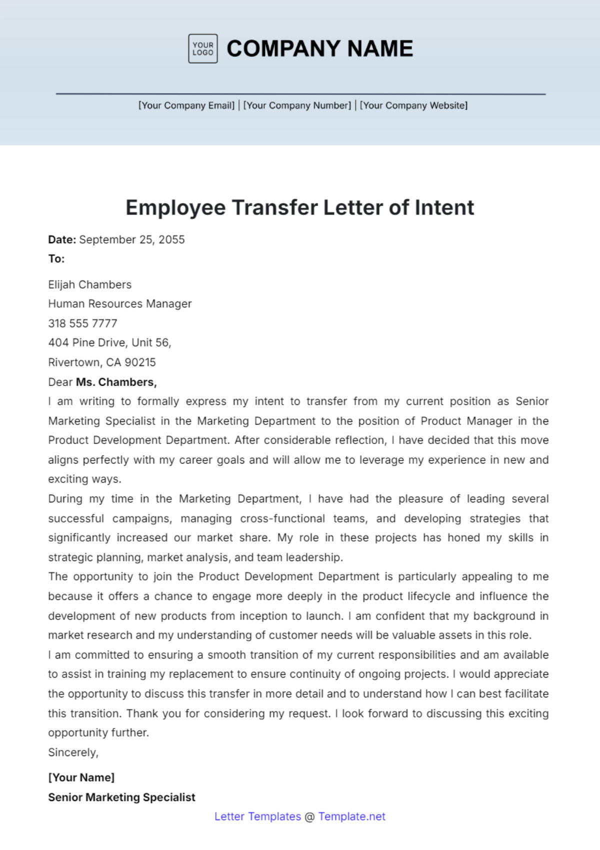 Employee Transfer Letter of Intent Template - Edit Online & Download