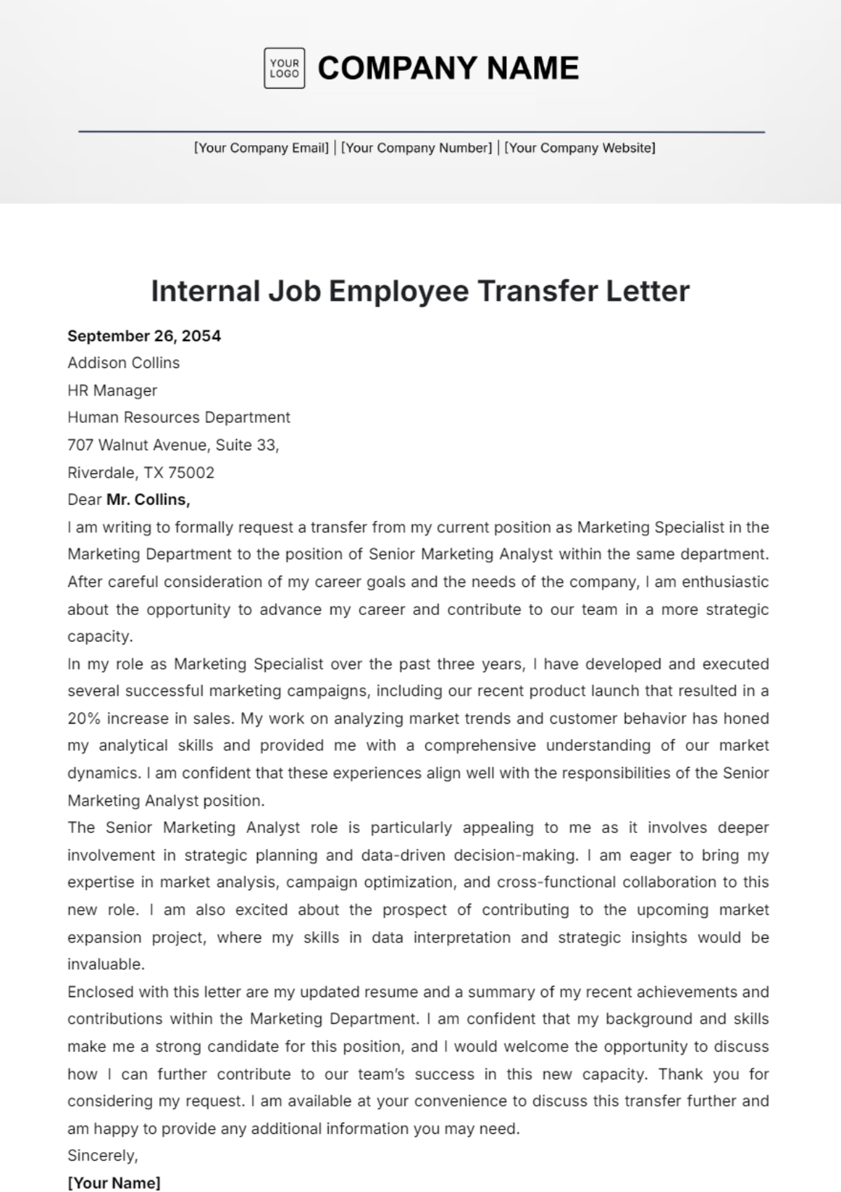 Internal Job Employee Transfer Letter Template - Edit Online & Download