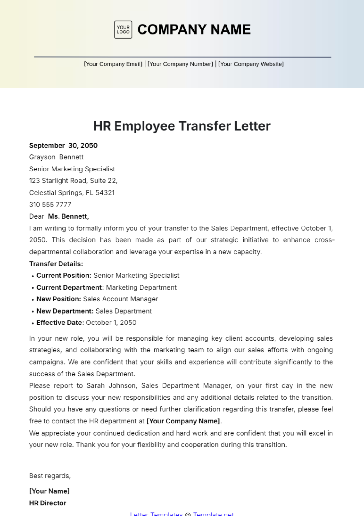 HR Employee Transfer Letter Template - Edit Online & Download