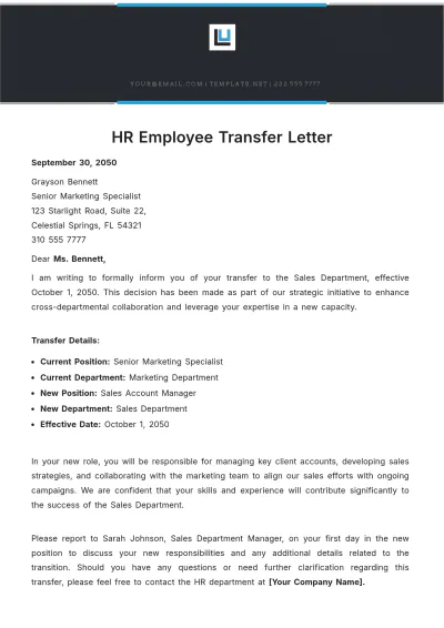 Free HR Employee Transfer Letter Template to Edit Online