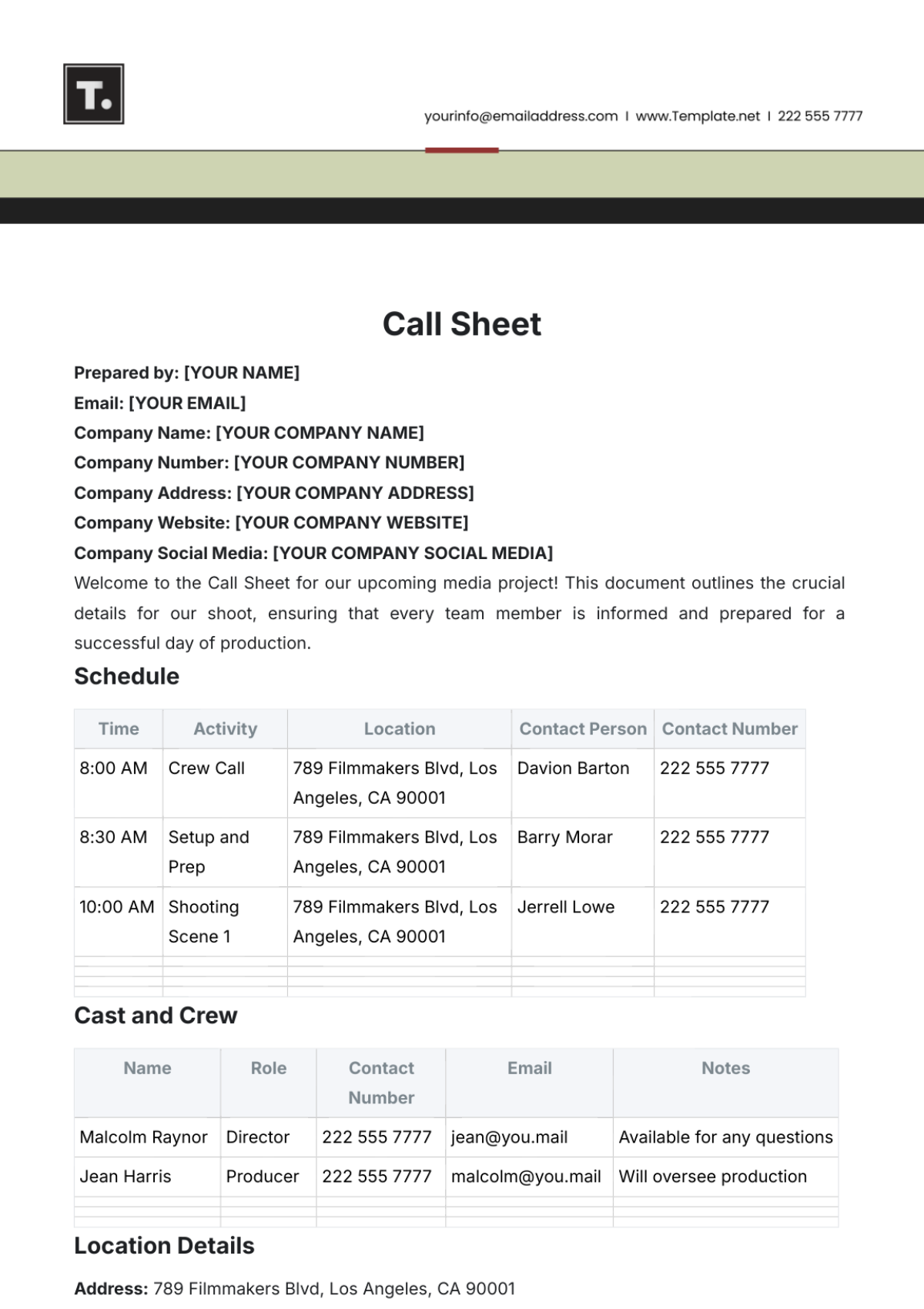 Call Sheet Template - Edit Online & Download