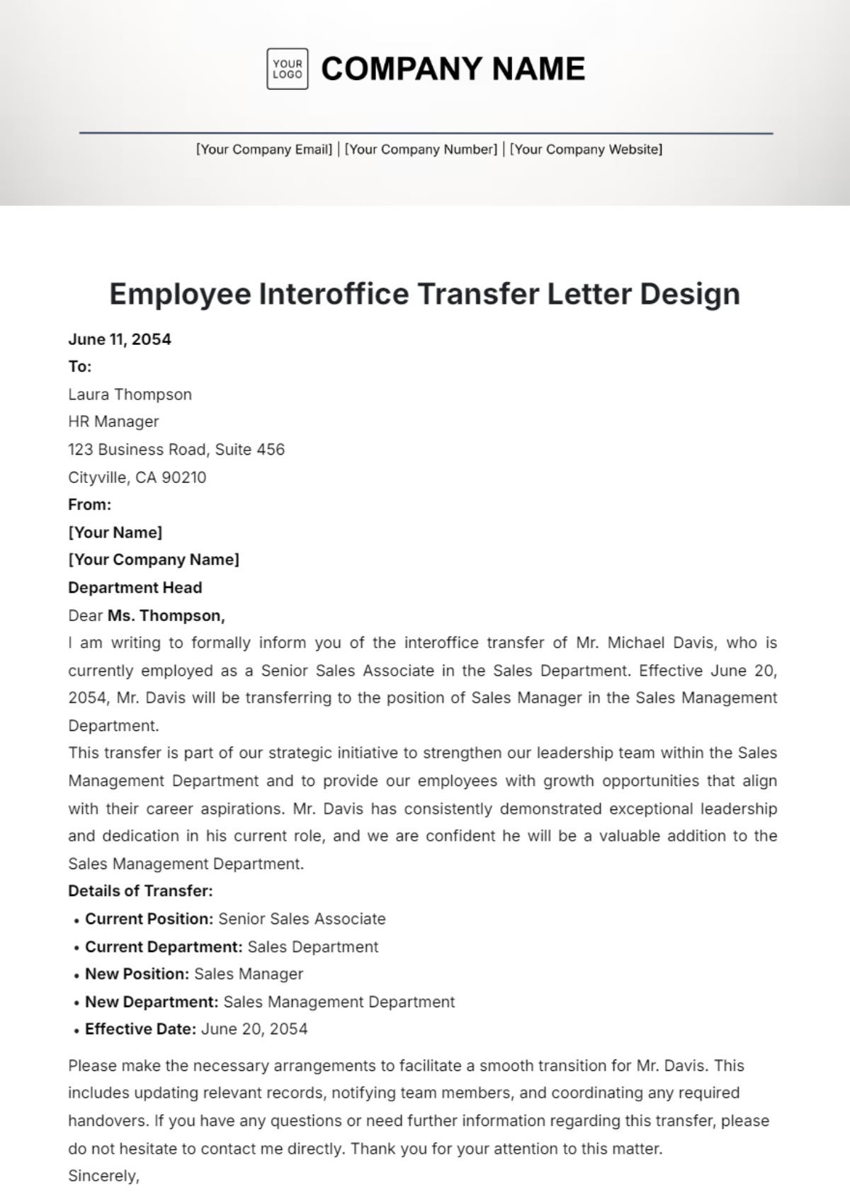 Employee Interoffice Transfer Letter Design Template - Edit Online & Download