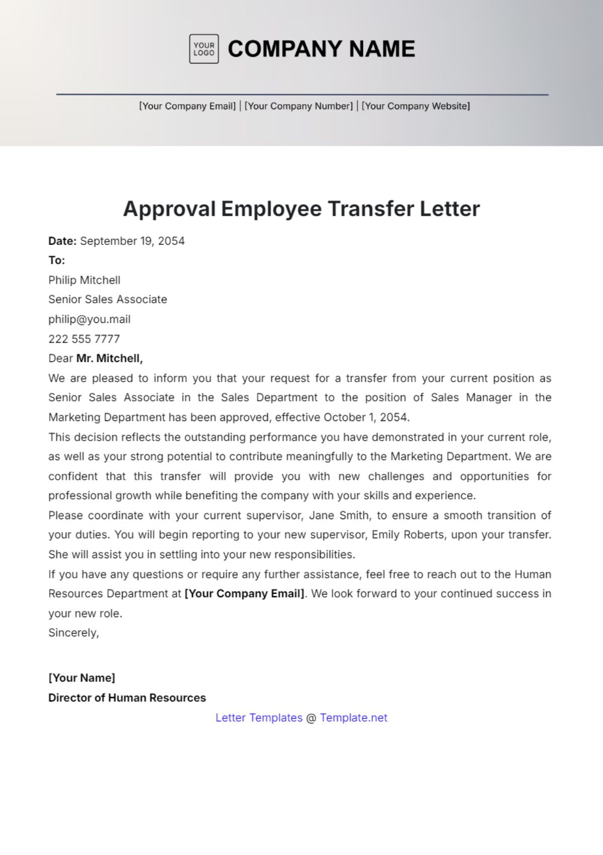 Approval Employee Transfer Letter Template - Edit Online & Download