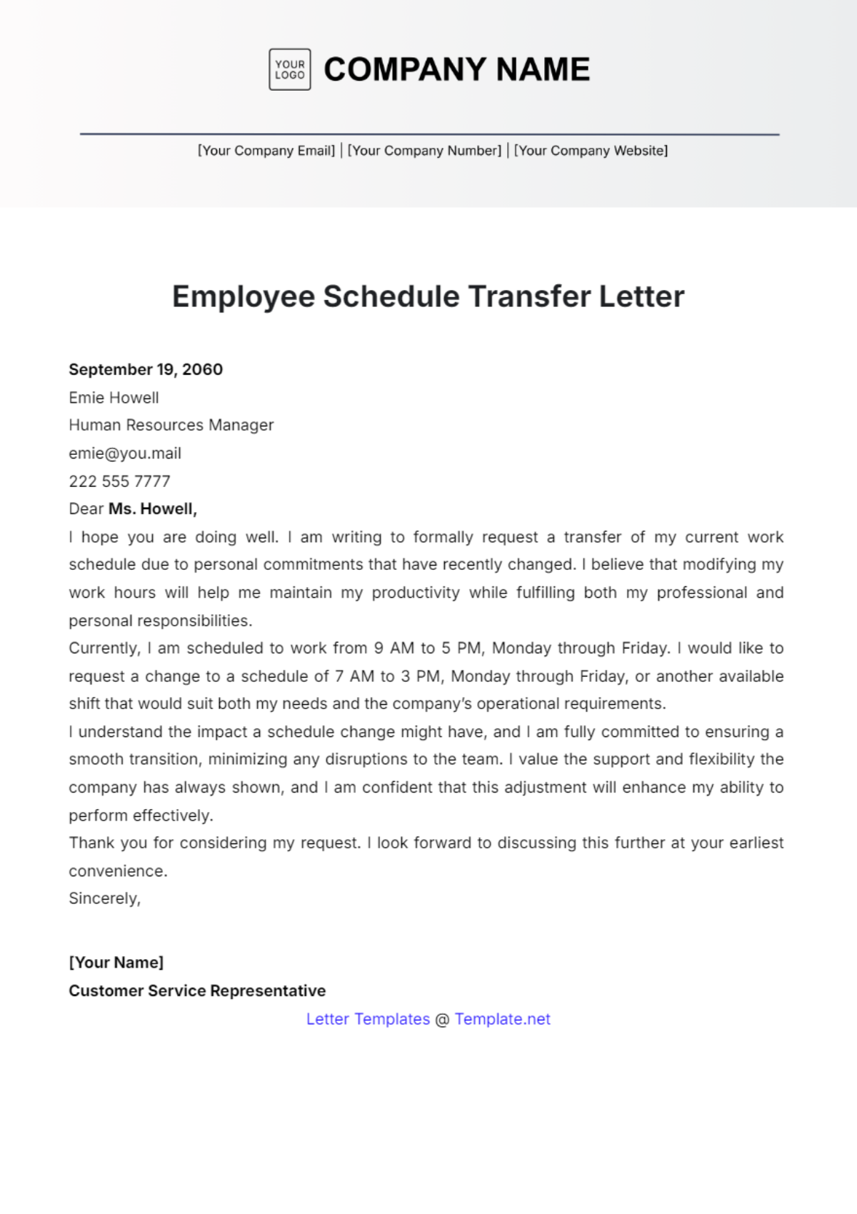 Employee Schedule Transfer Letter Template - Edit Online & Download