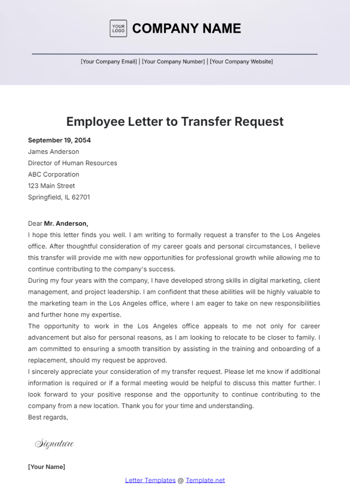 Employee Letter to Transfer Request Template - Edit Online & Download