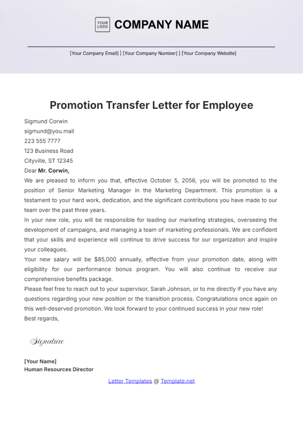 Promotion Transfer Letter for Employee Template - Edit Online & Download