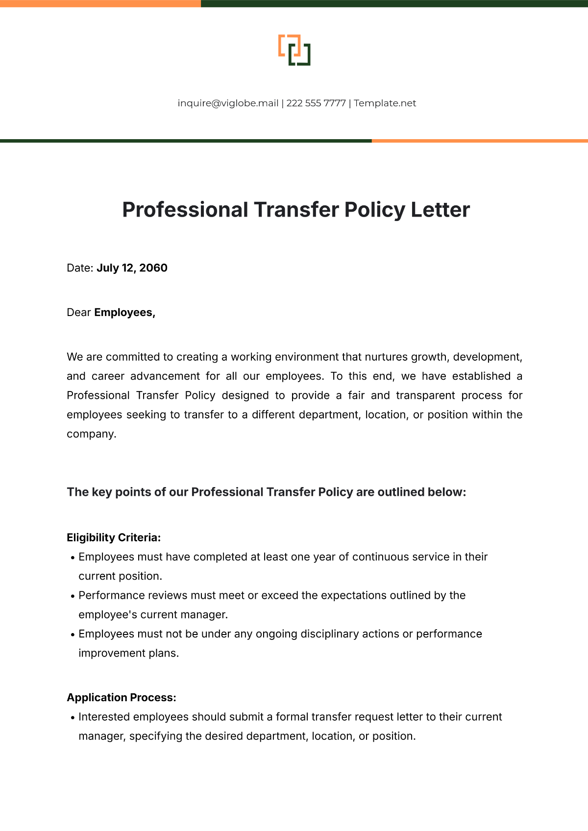 Professional Transfer Policy Letter Template - Edit Online & Download