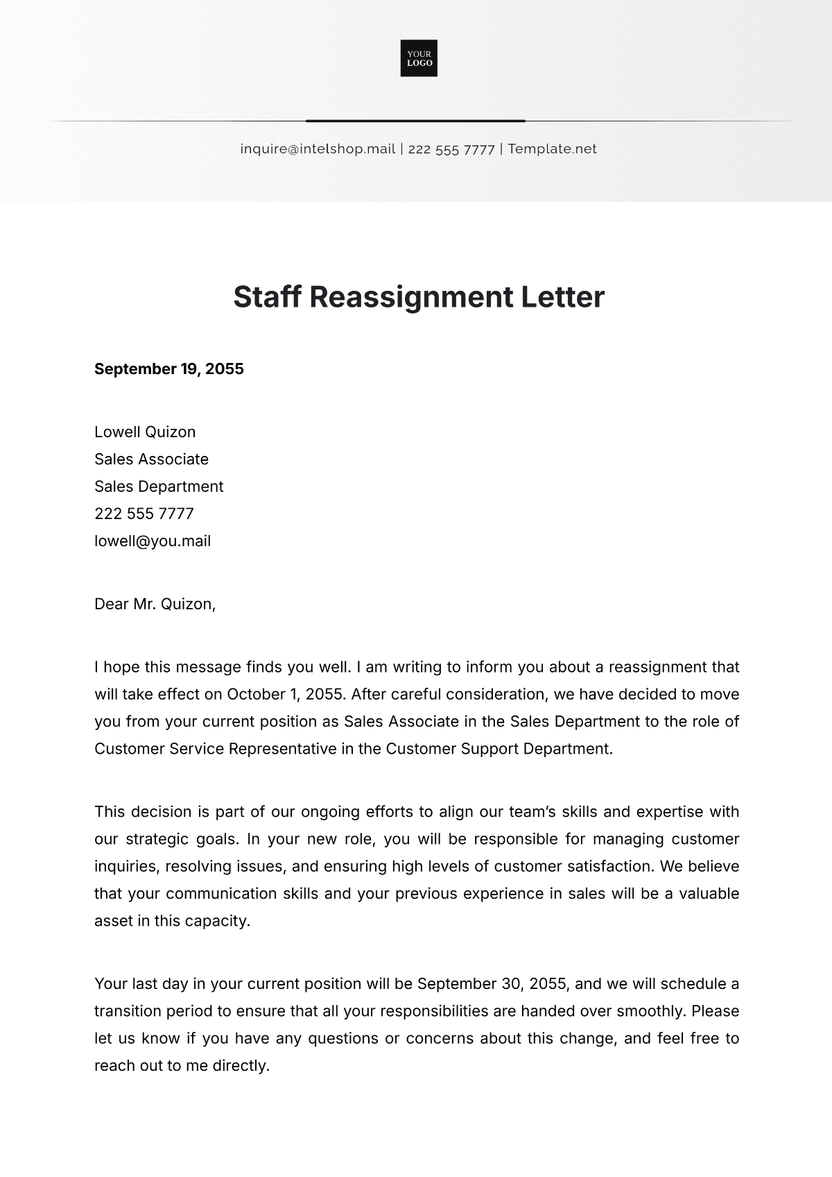 Staff Reassignment Letter Template - Edit Online & Download