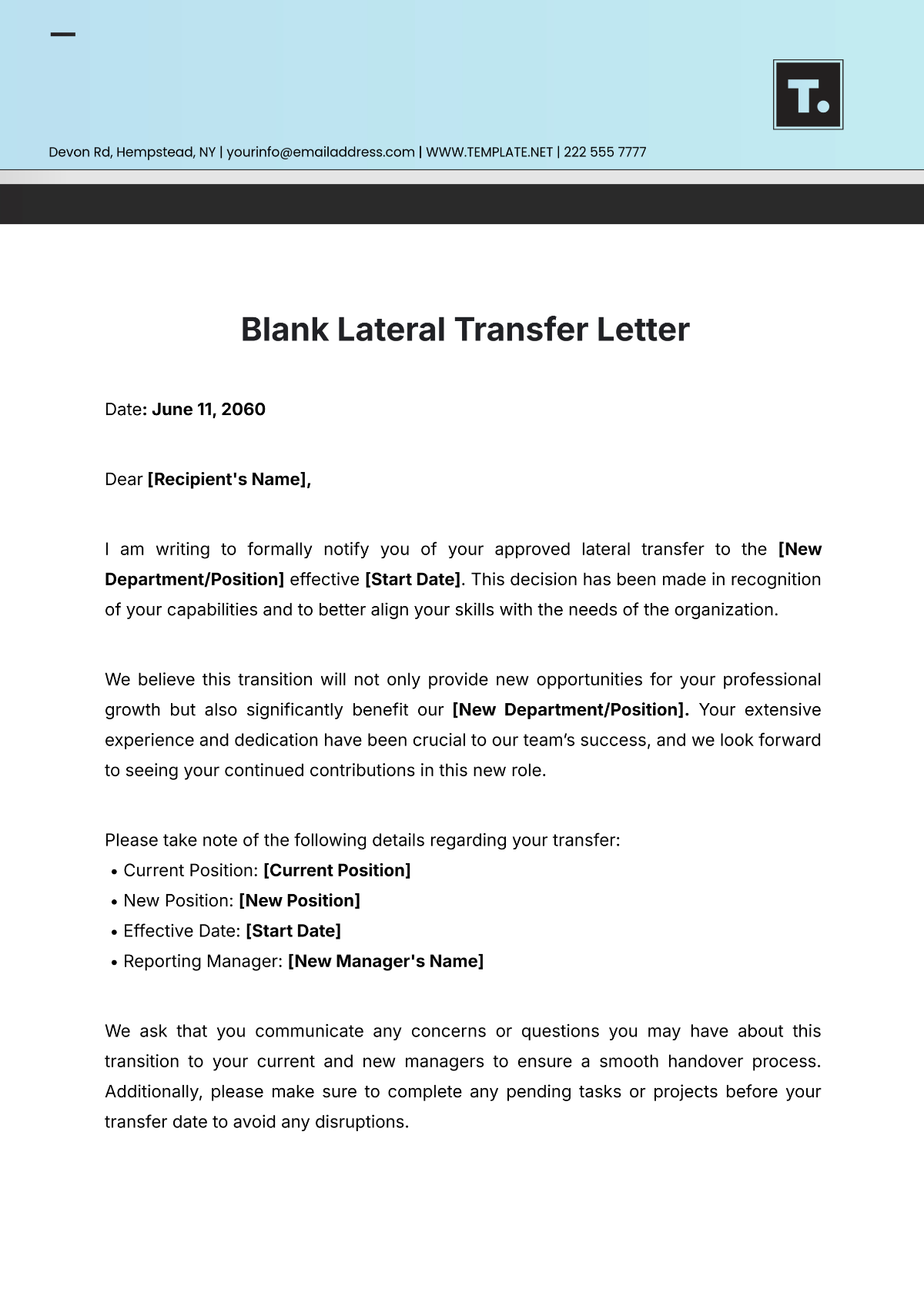 Blank Lateral Transfer Letter Template - Edit Online & Download